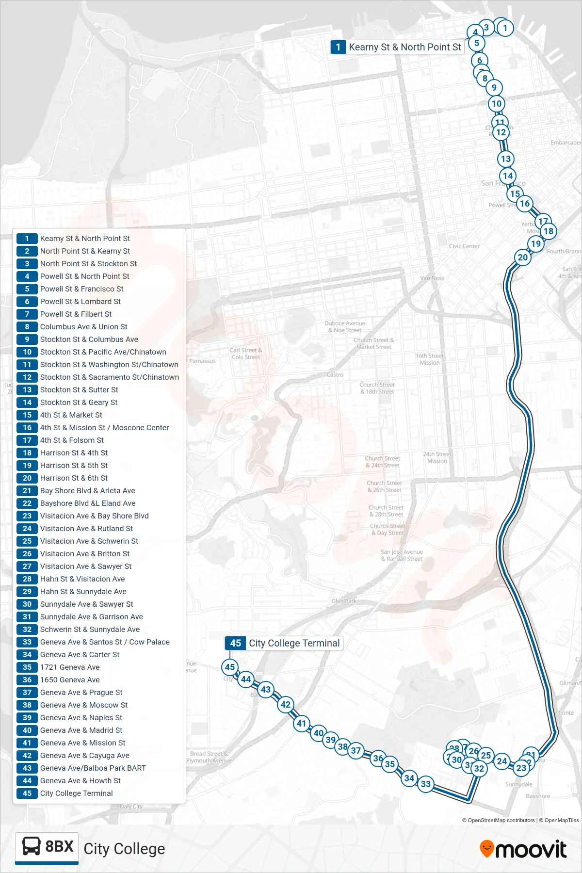 8BX bus Line (City College) route and stops on a map
