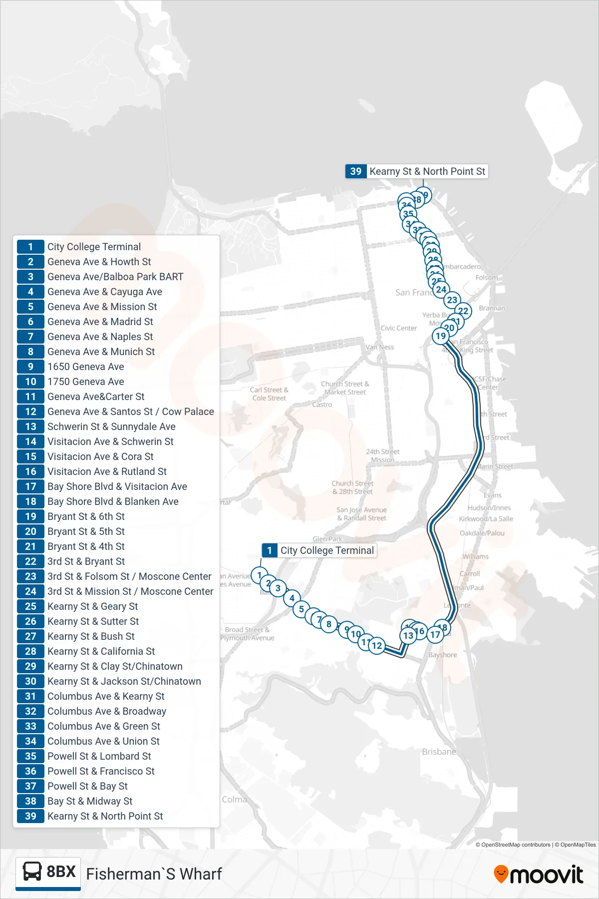 8BX bus Line (Fisherman`S Wharf) route and stops on a map