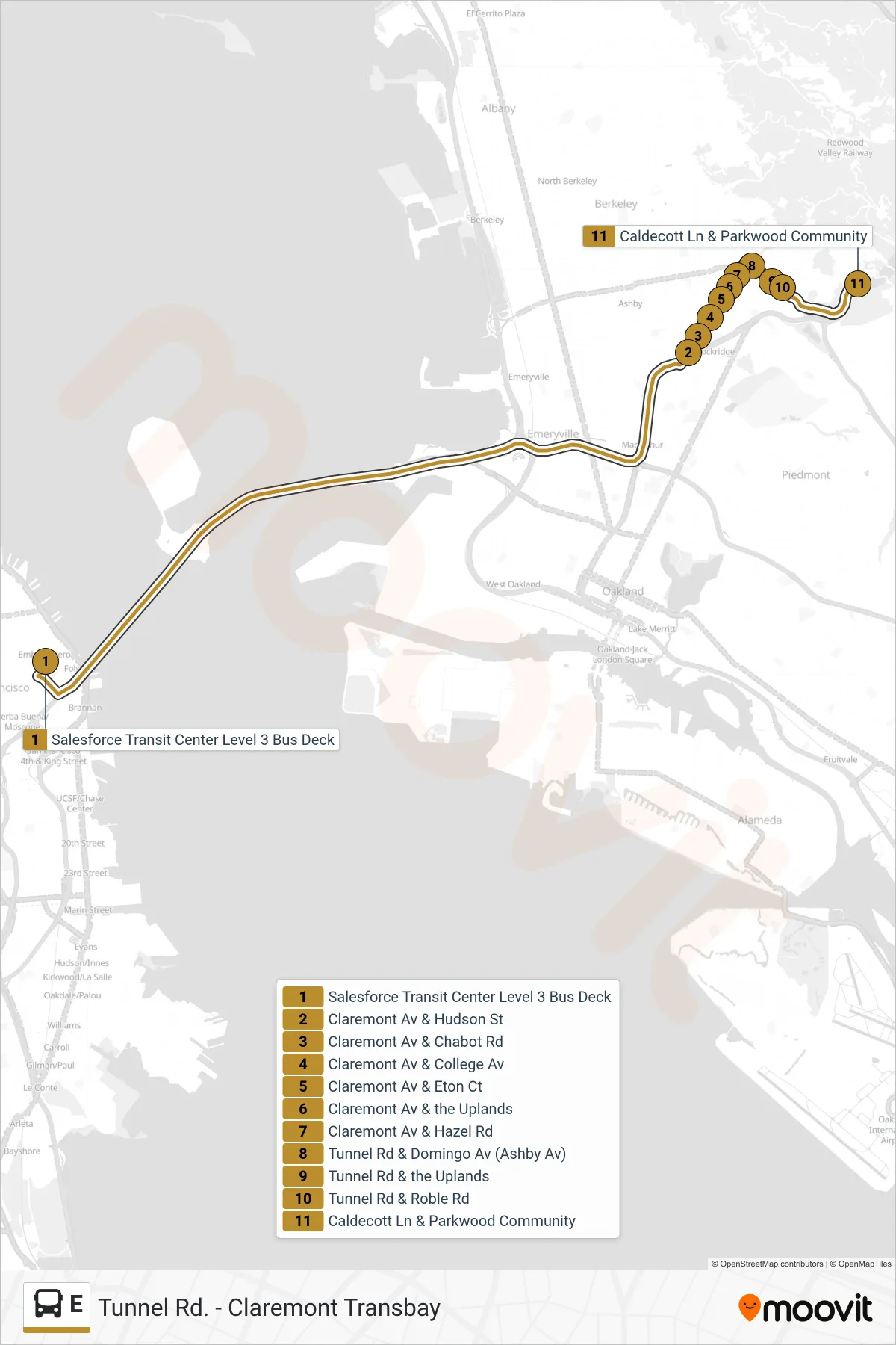 E bus Line (Caldecott Lane) route and stops on a map