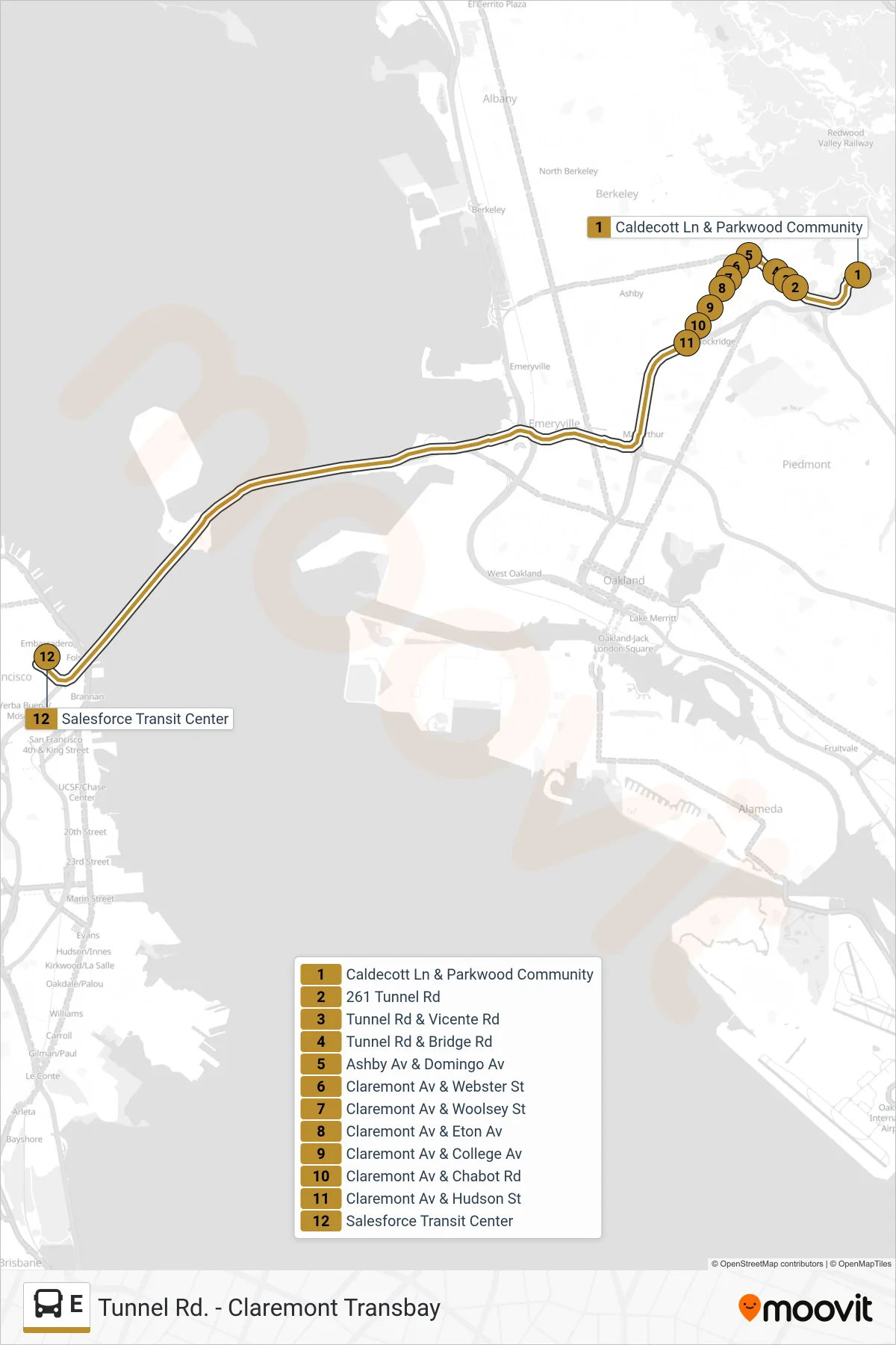 E bus Line (San Francisco) route and stops on a map
