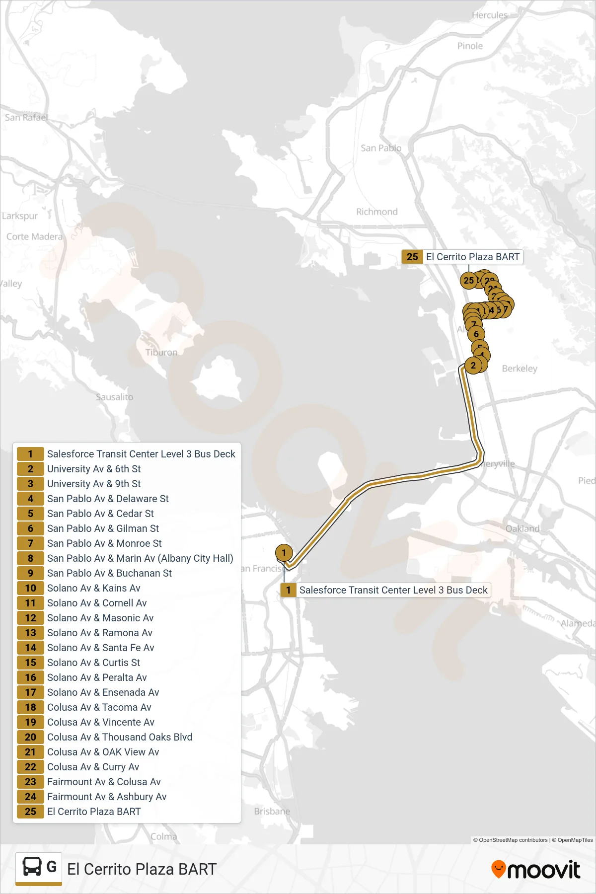 G bus Line (El Cerrito Plaza BART) route and stops on a map