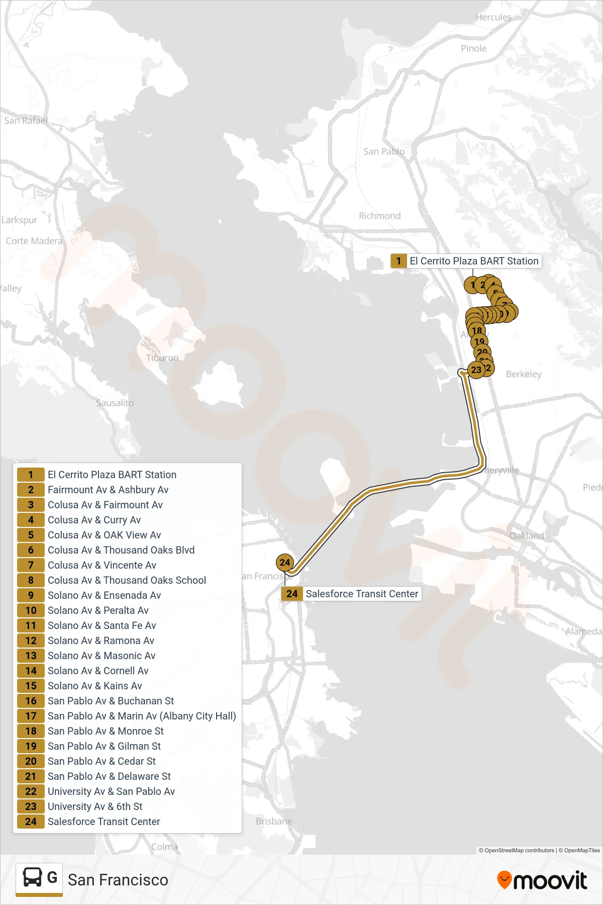 G bus Line (San Francisco) route and stops on a map