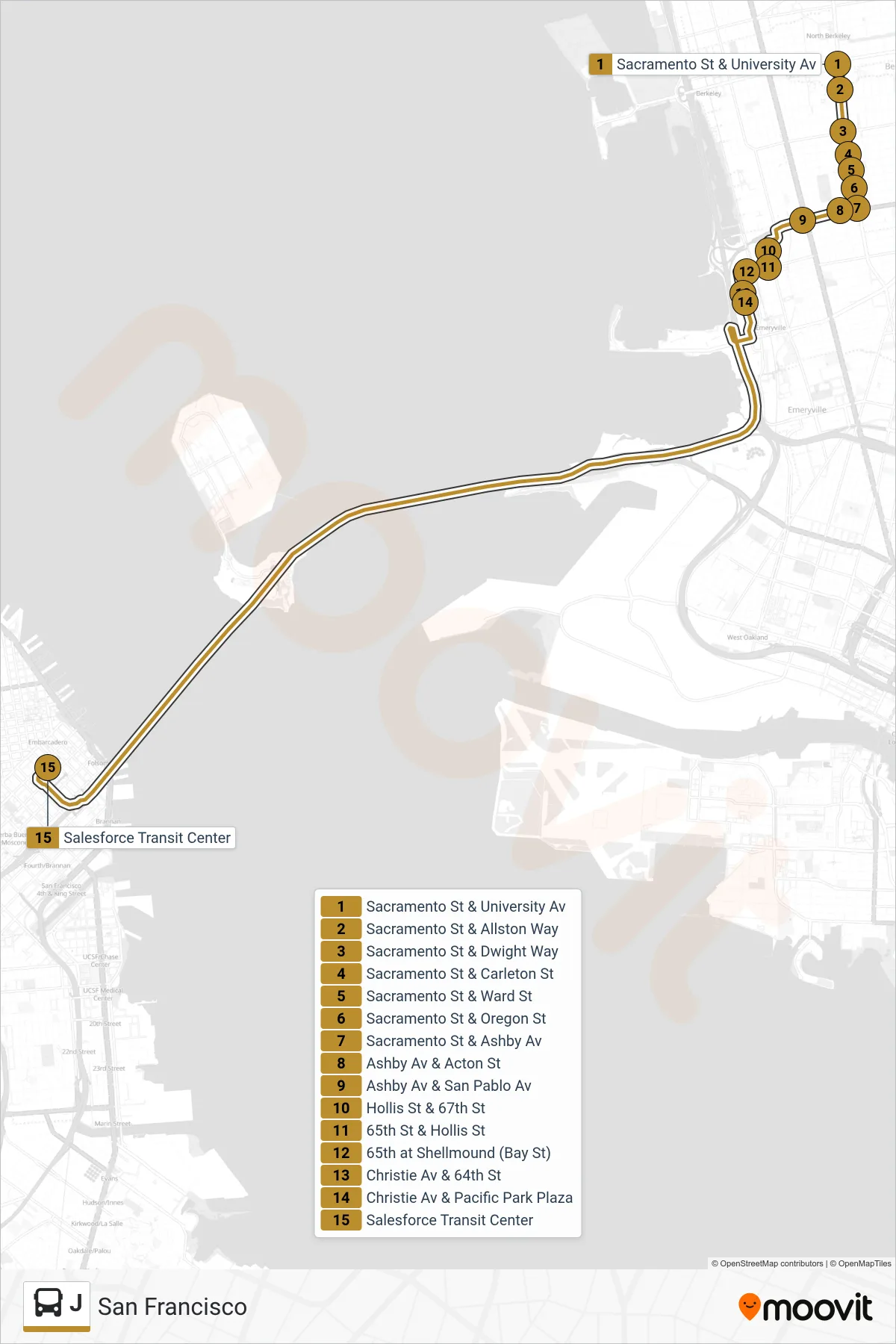 J bus Line (San Francisco) route and stops on a map