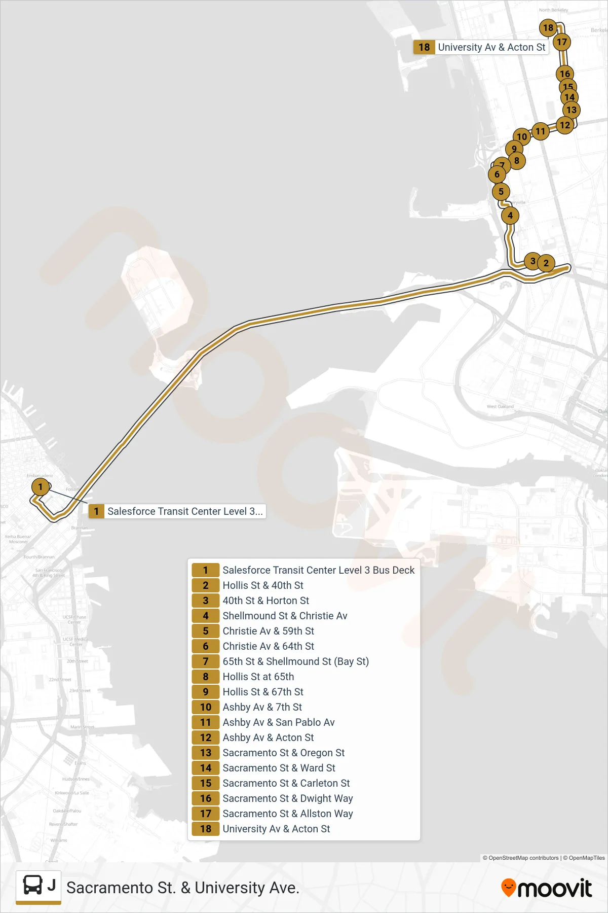 J bus Line (Sacramento St. & University Ave.) route and stops on a map
