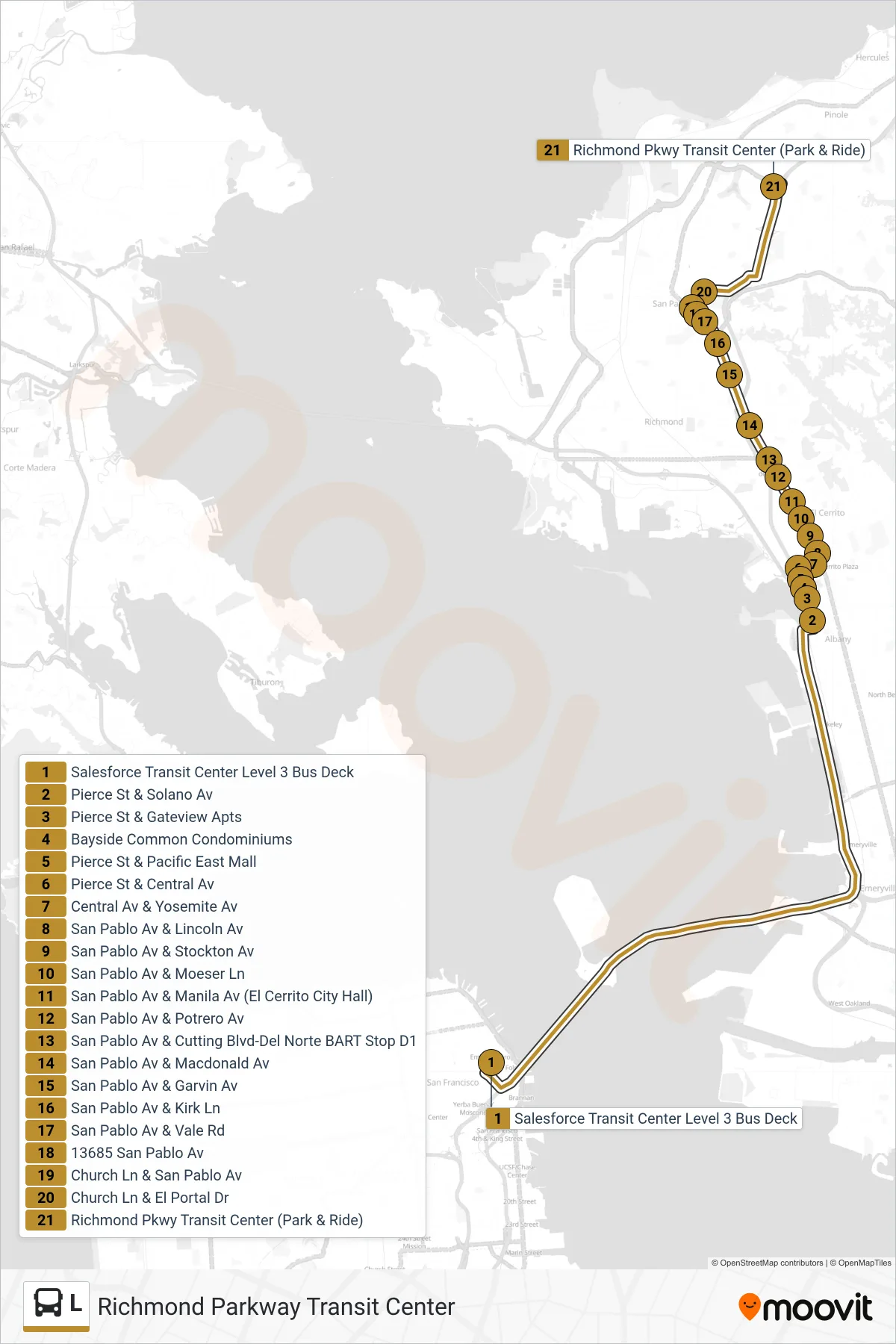 L bus Line (Richmond Parkway Transit Center) route and stops on a map