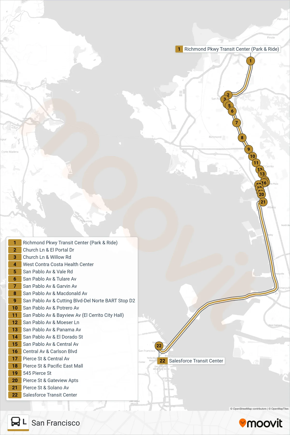 L bus Line (San Francisco) route and stops on a map