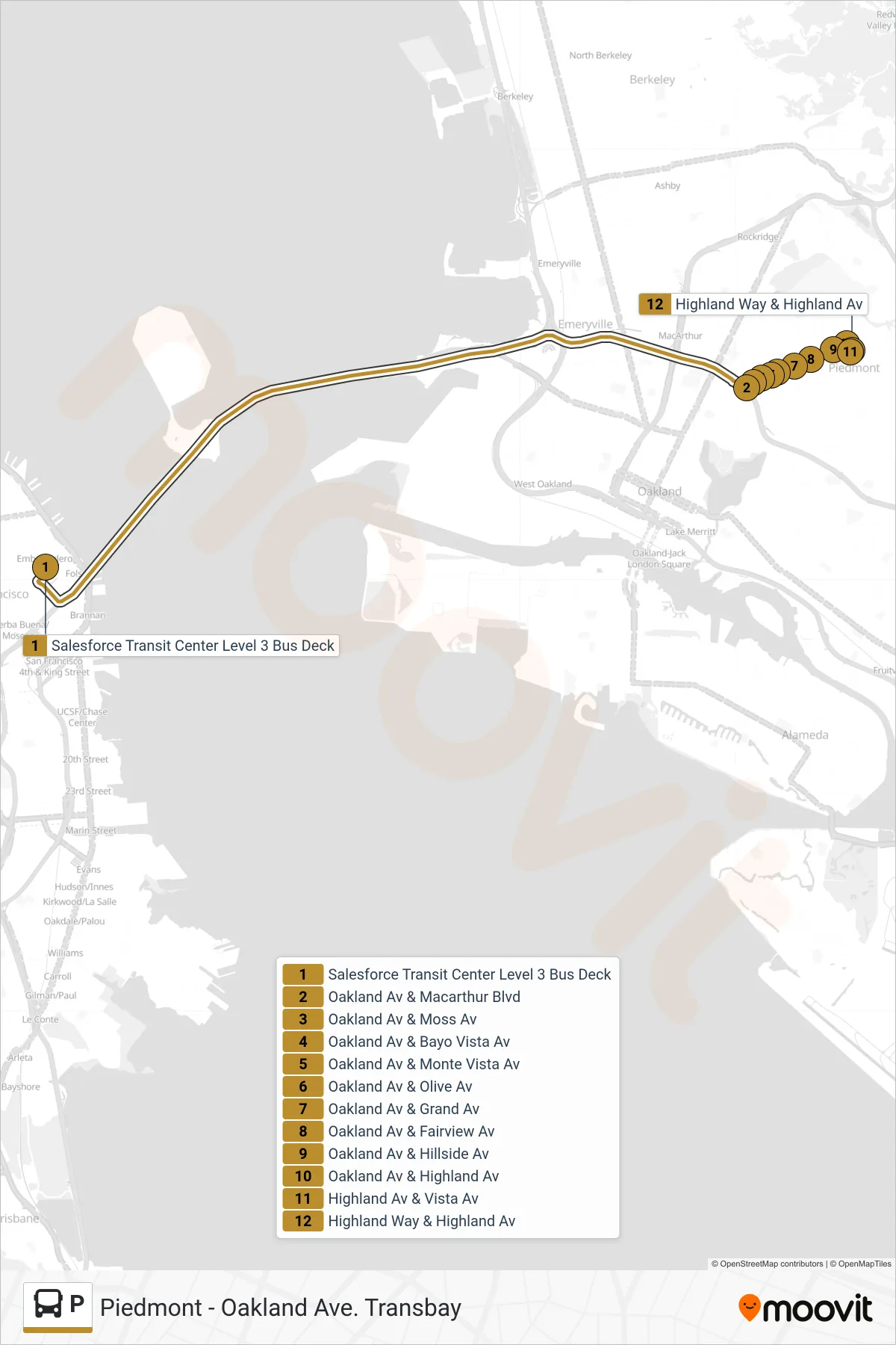 P bus Line (Piedmont) route and stops on a map