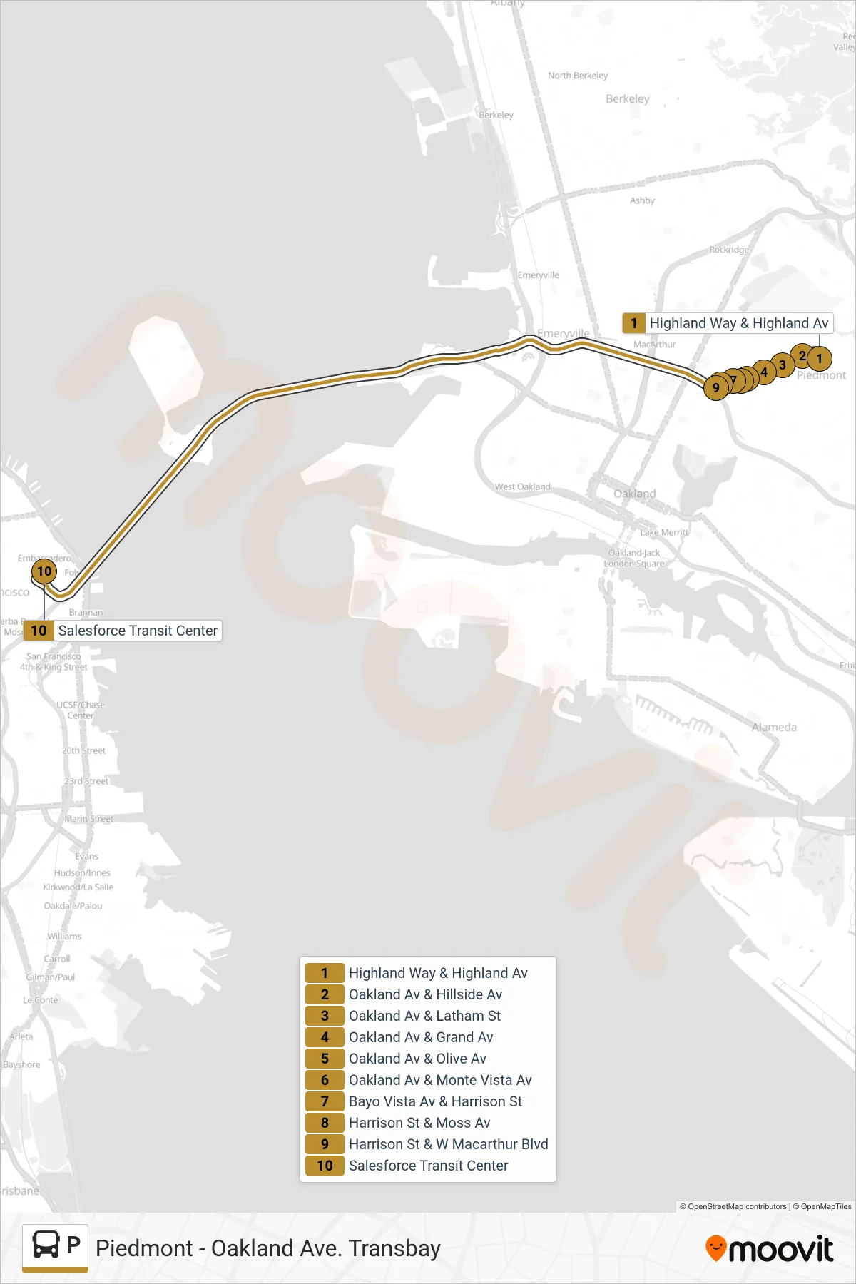 P bus Line (San Francisco) route and stops on a map