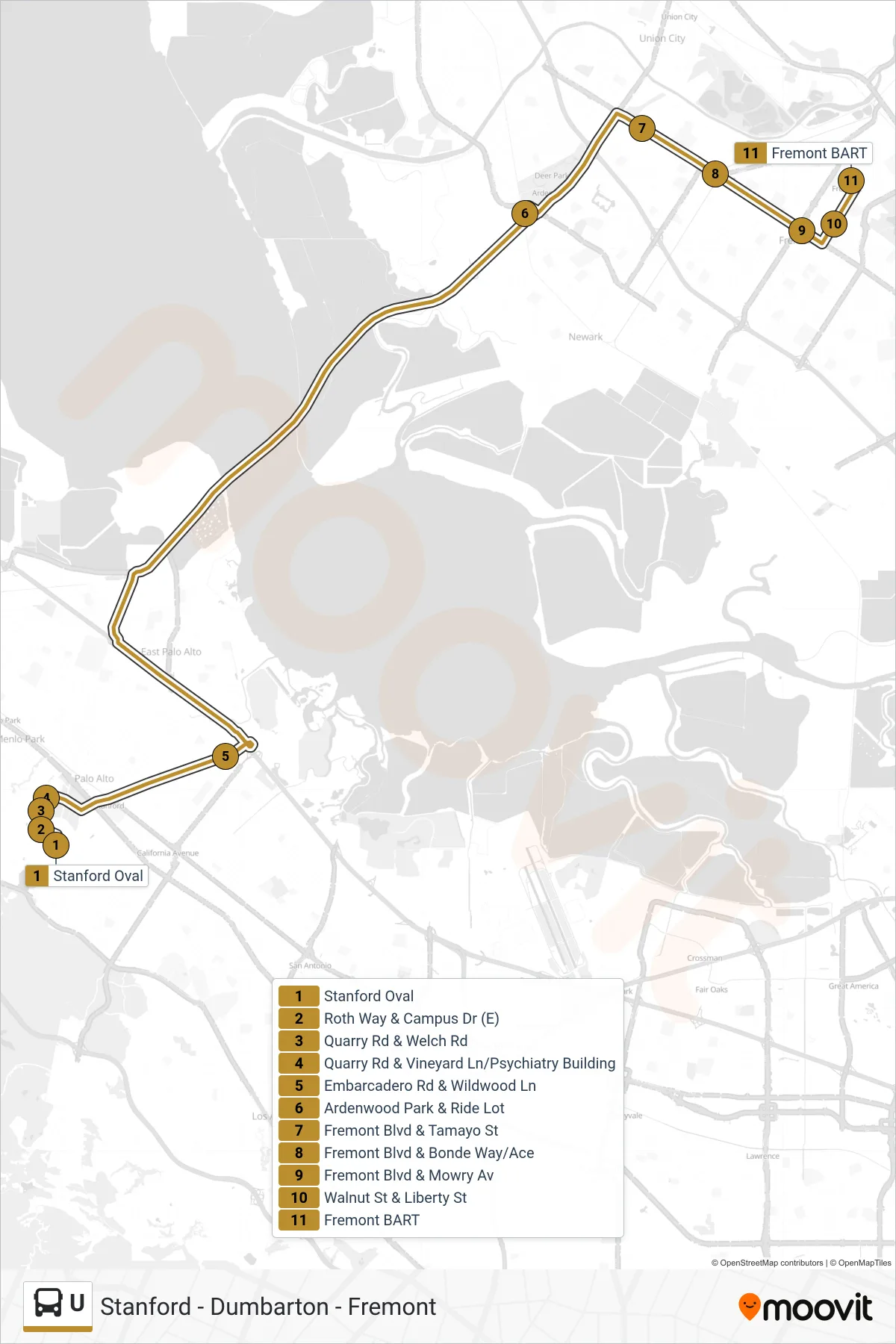 U bus Line (Fremont BART) route and stops on a map