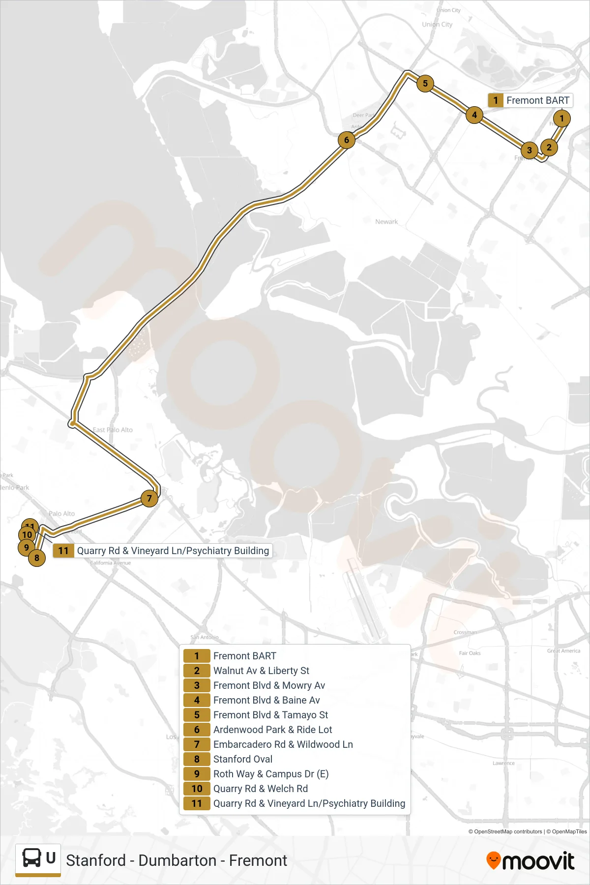 U bus Line (Stanford Shopping Center) route and stops on a map