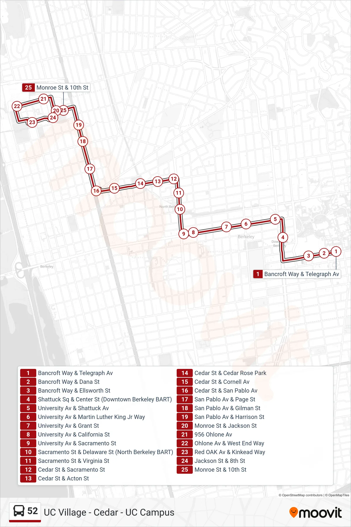 52 bus Line (University Village, Albany) route and stops on a map