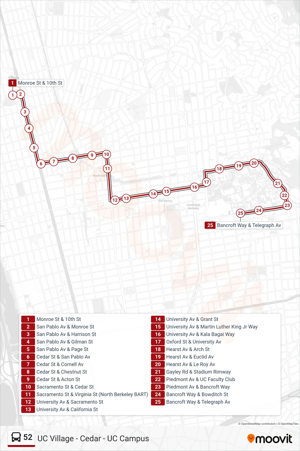 52 bus Line (U.C. Campus) route and stops on a map