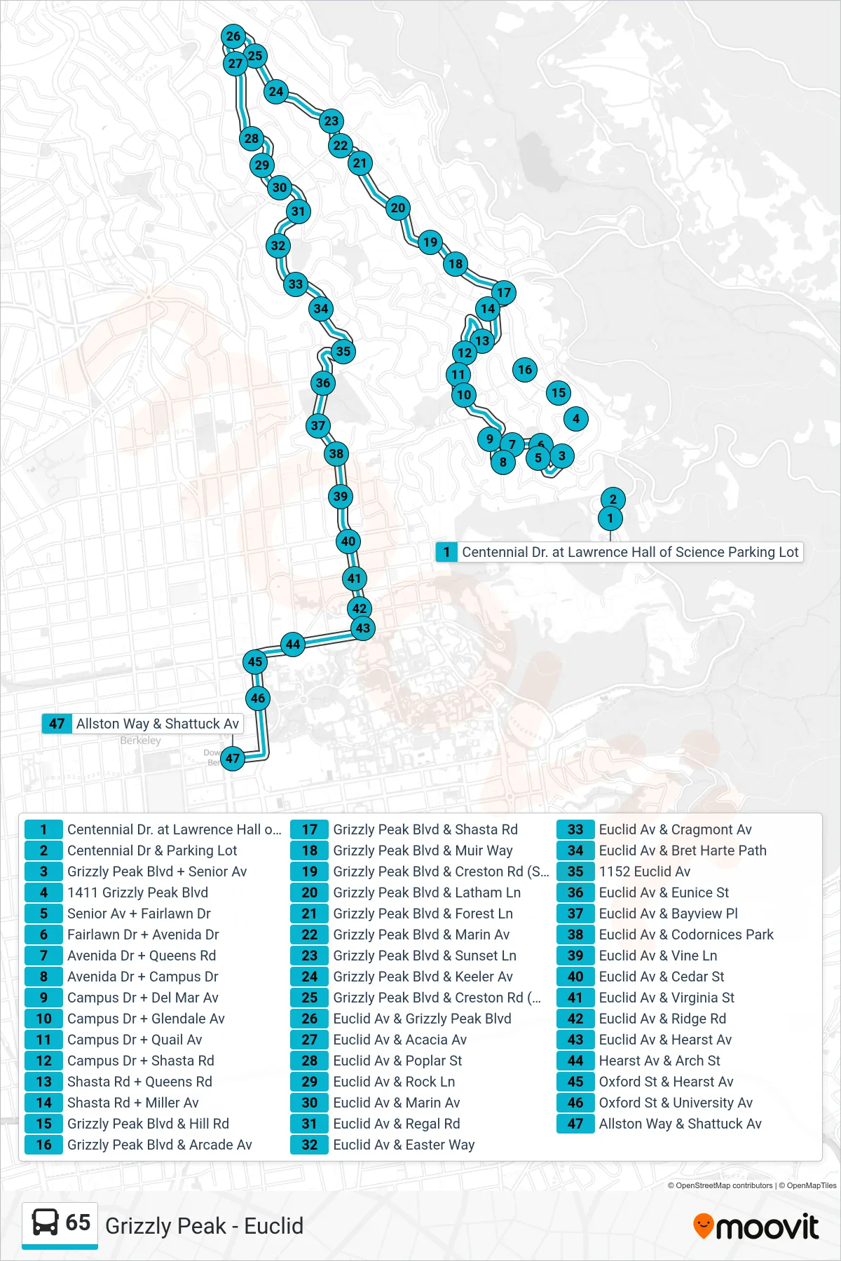 65 bus Line (Downtown Berkeley) route and stops on a map