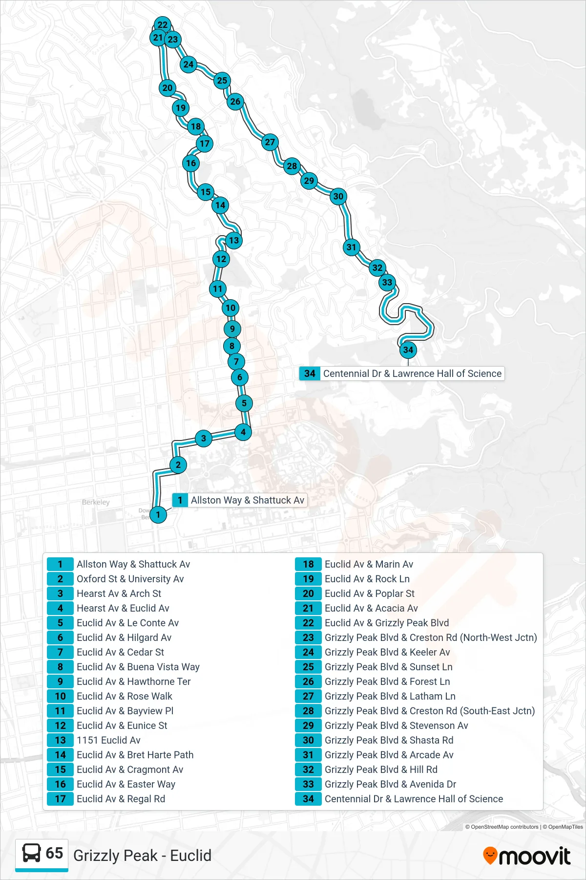 65 bus Line (Lawrence Hall of Science) route and stops on a map