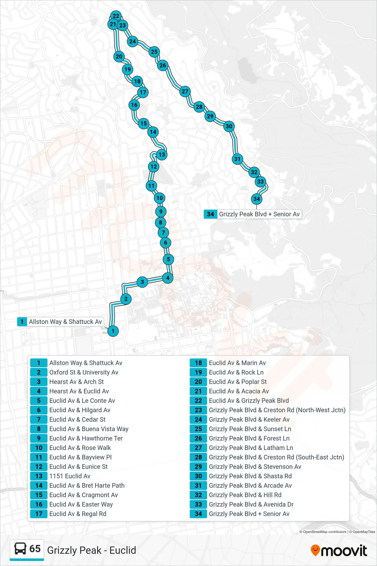 65 bus Line (Senior Ave. Loop) route and stops on a map