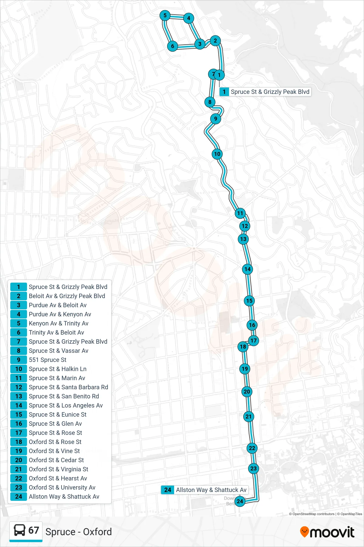 67 bus Line (Downtown Berkeley) route and stops on a map