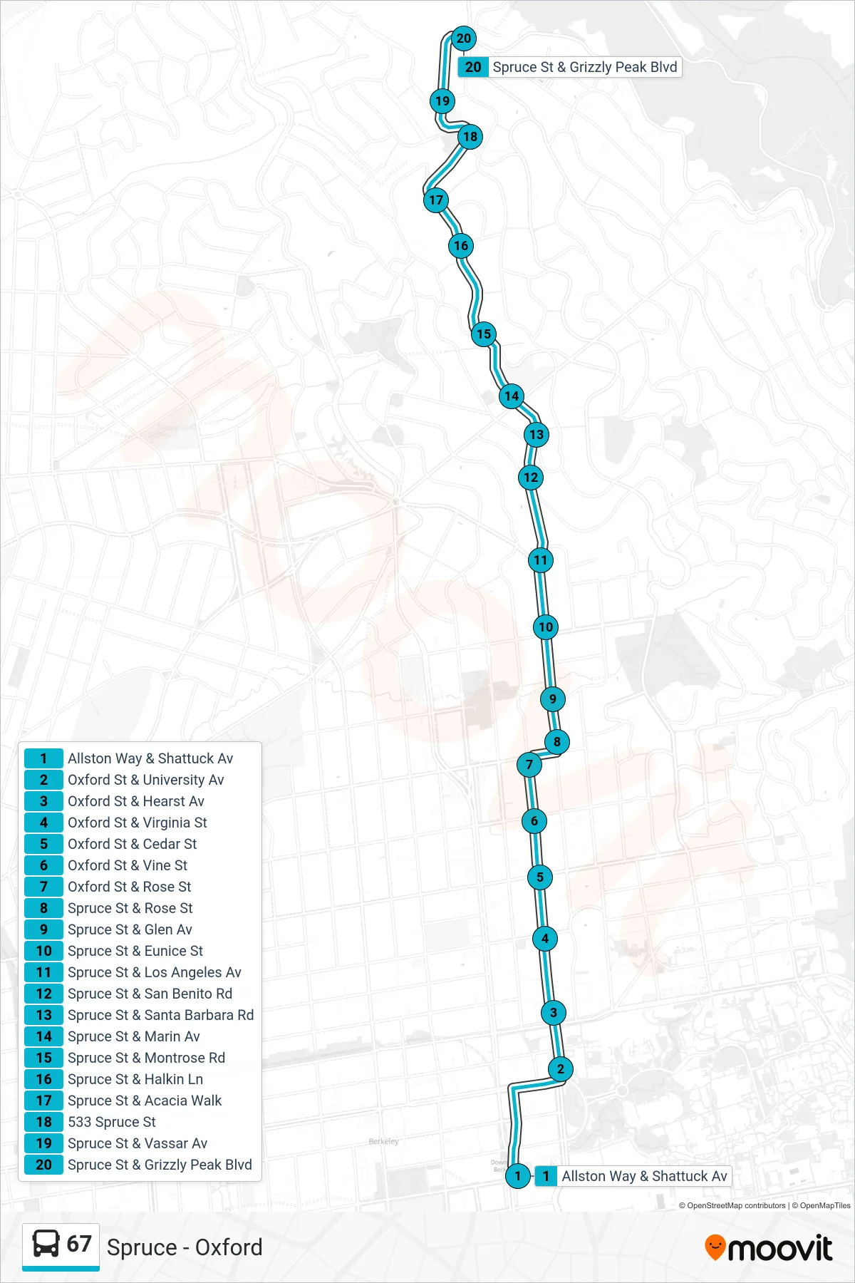 67 bus Line (Spruce St. & Grizzly Peak Blvd.) route and stops on a map