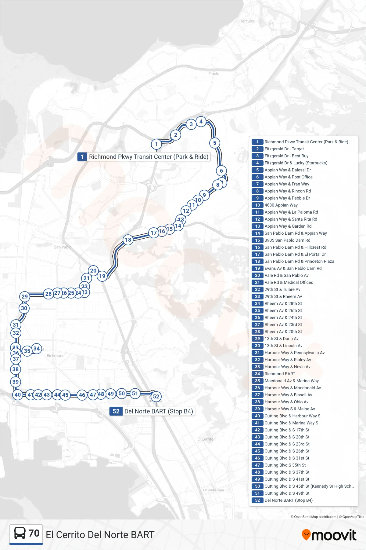70 bus Line (El Cerrito Del Norte BART) route and stops on a map