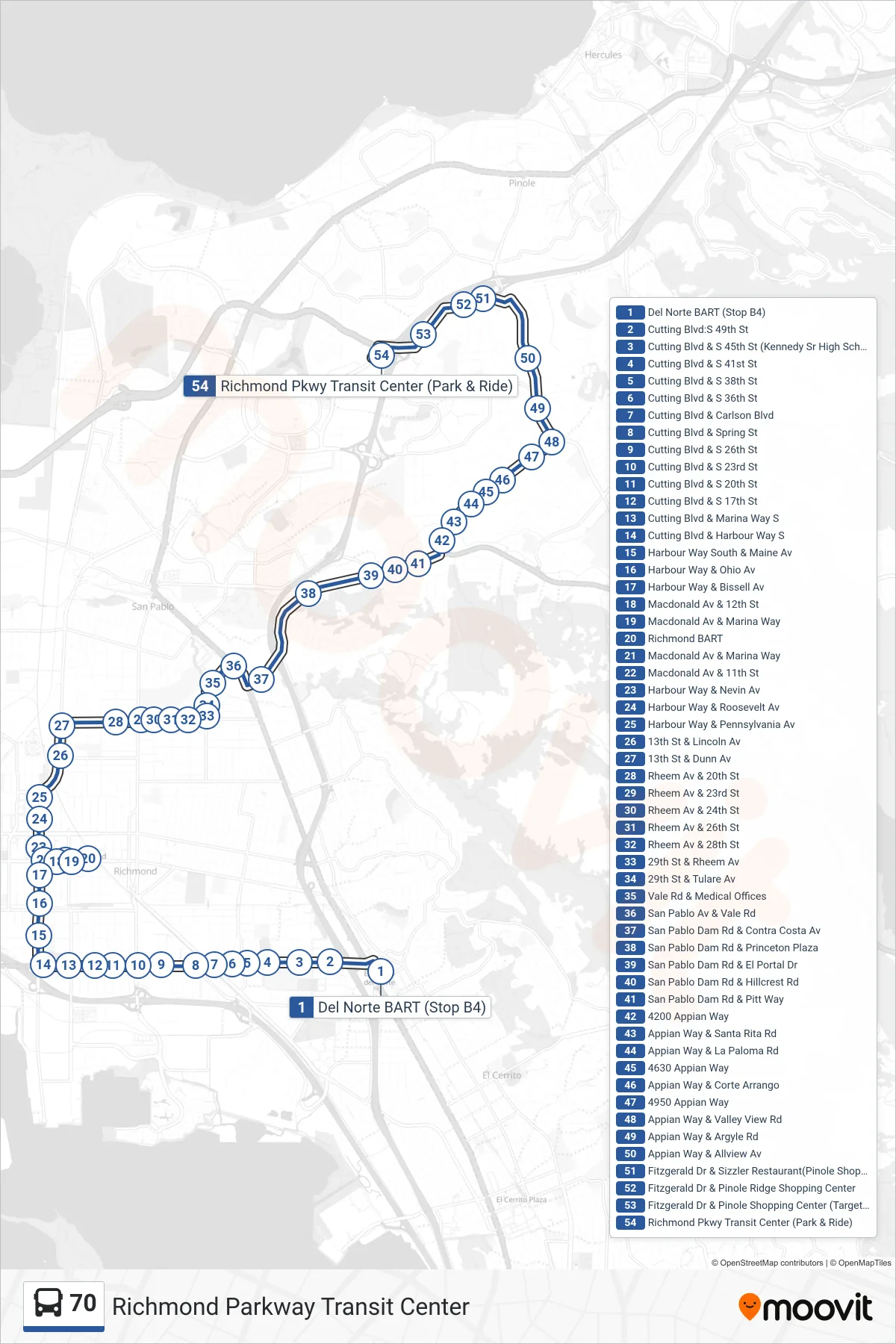 70 bus Line (Richmond Parkway Transit Center) route and stops on a map
