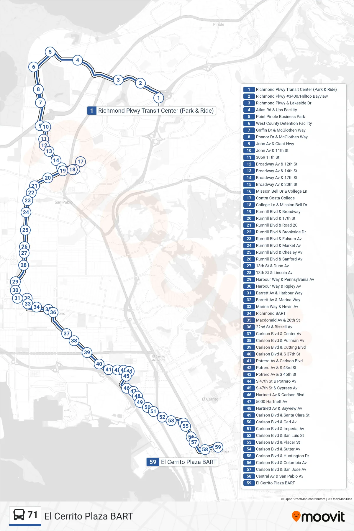 71 bus Line (El Cerrito Plaza BART) route and stops on a map