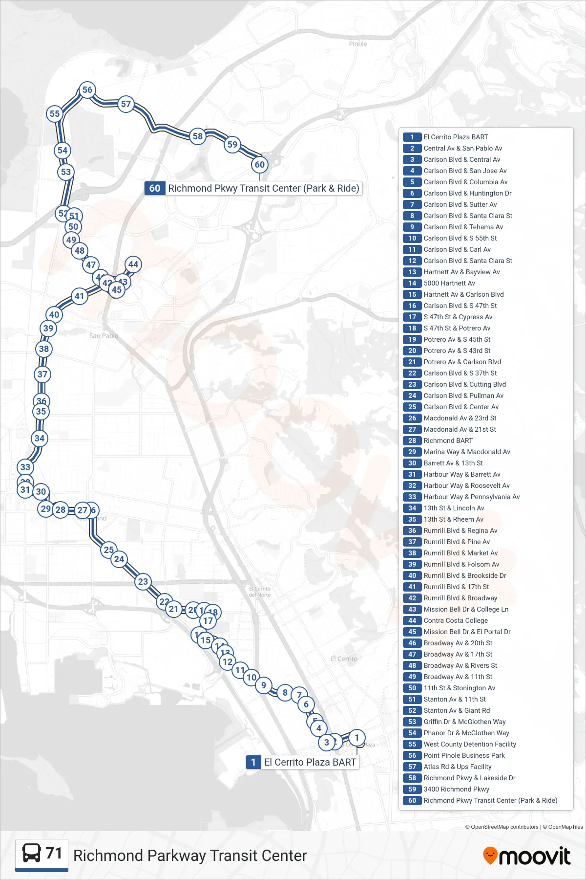 71 bus Line (Richmond Parkway Transit Center) route and stops on a map