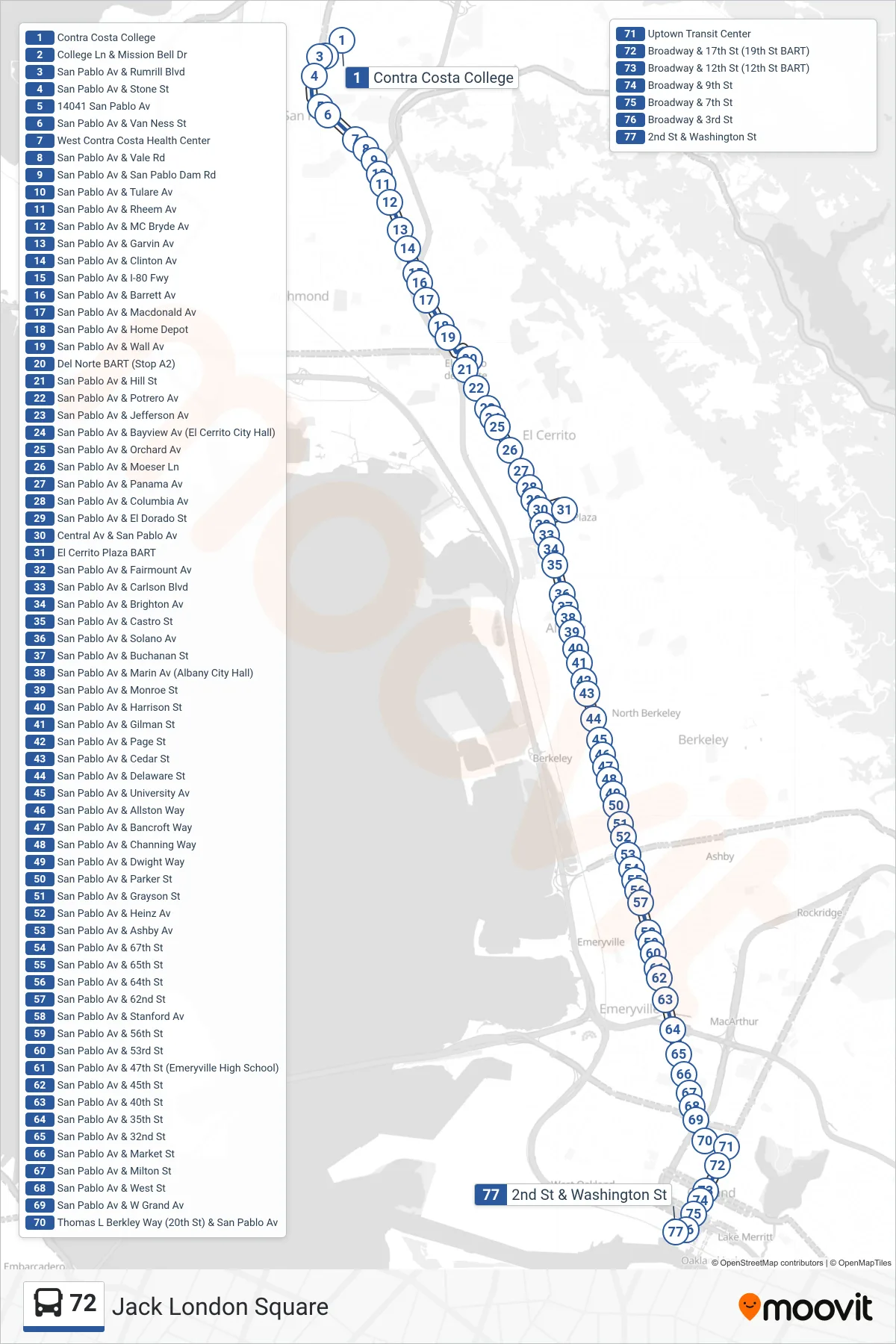 72 bus Line (Jack London Square) route and stops on a map