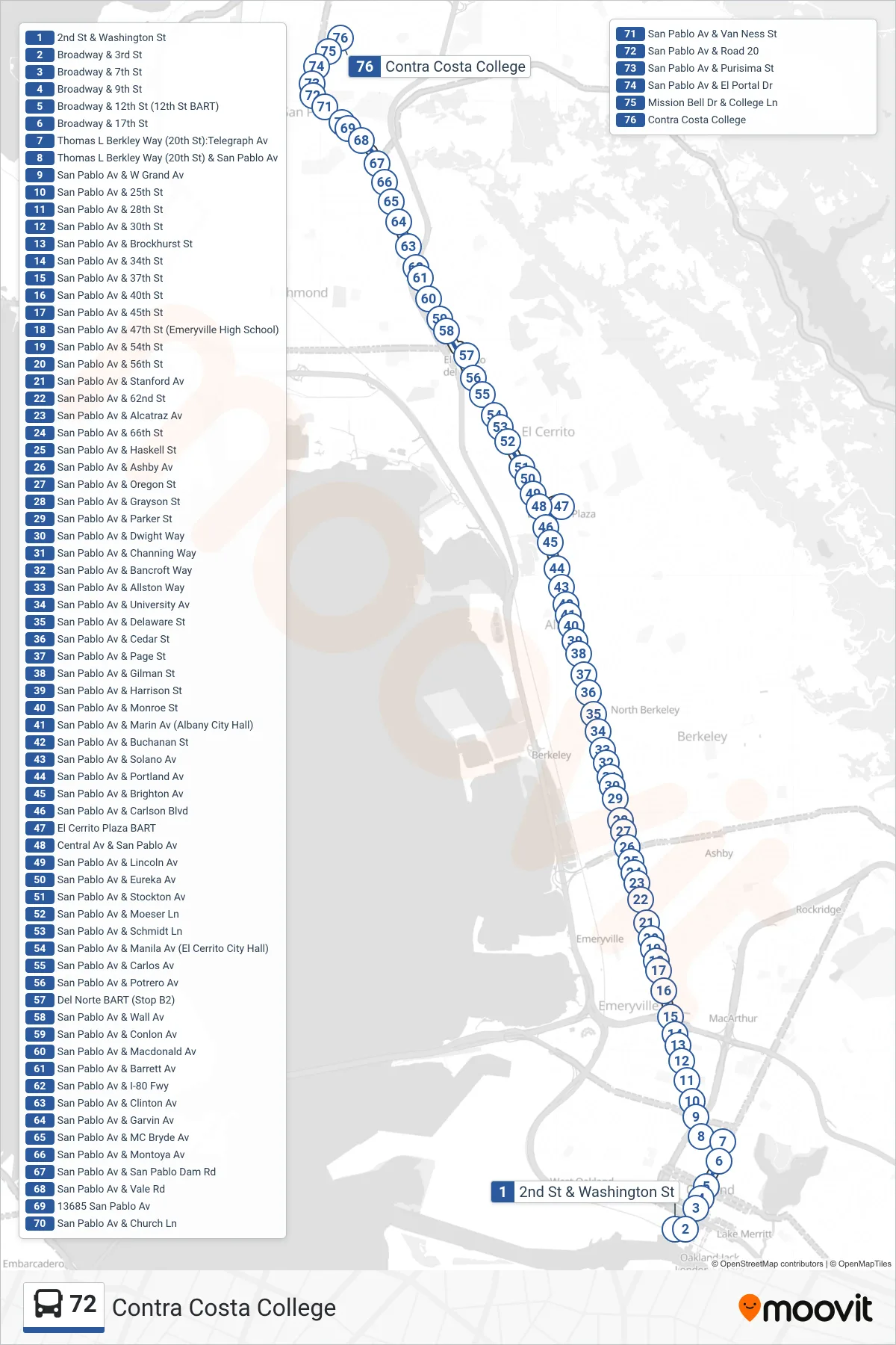 72 bus Line (Contra Costa College) route and stops on a map