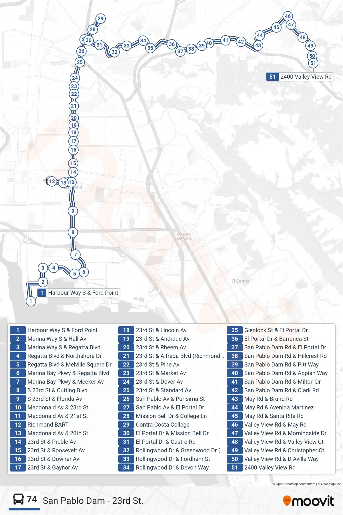 74 bus Line (Valley View Rd. & Olinda Rd.) route and stops on a map