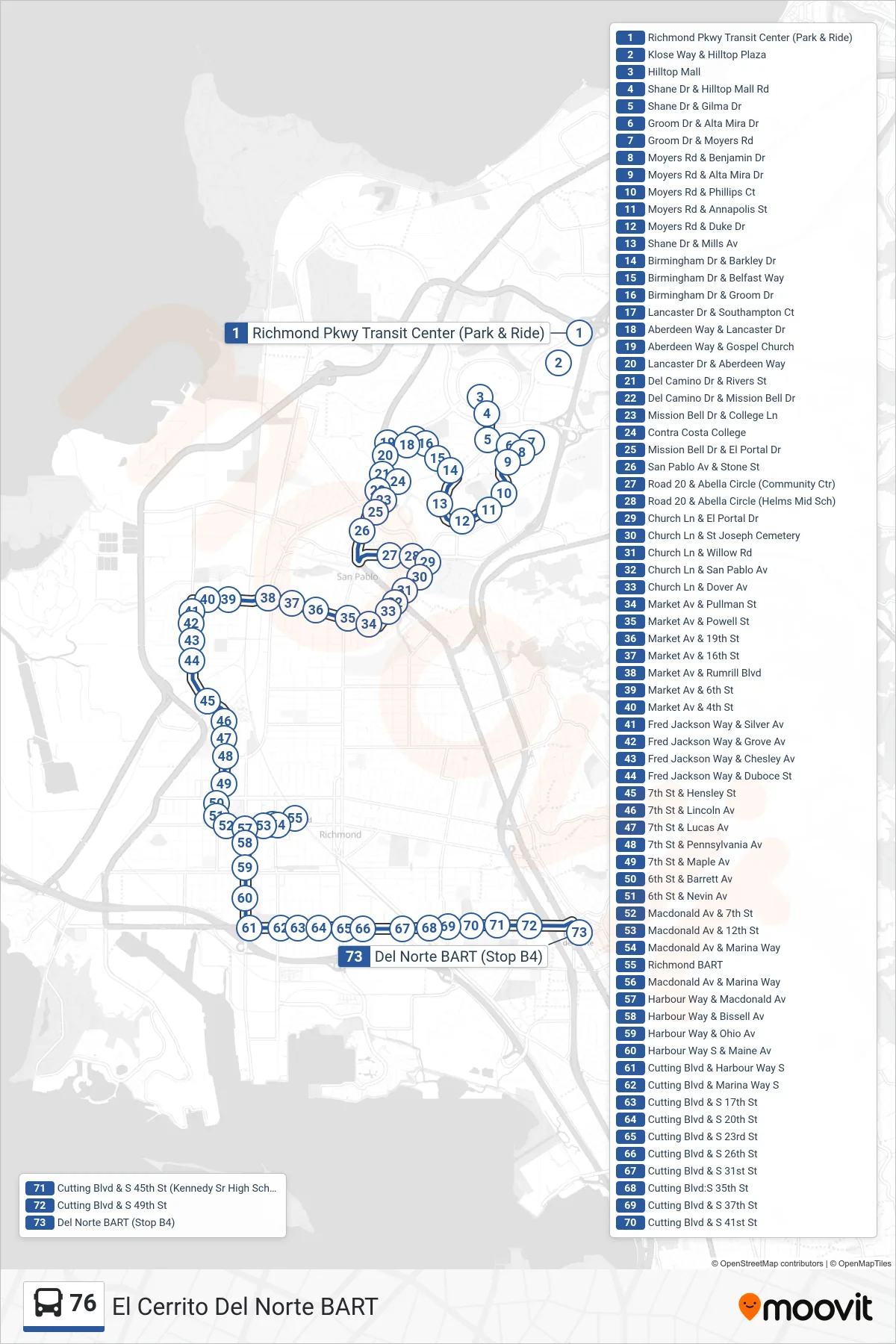 76 bus Line (El Cerrito Del Norte BART) route and stops on a map