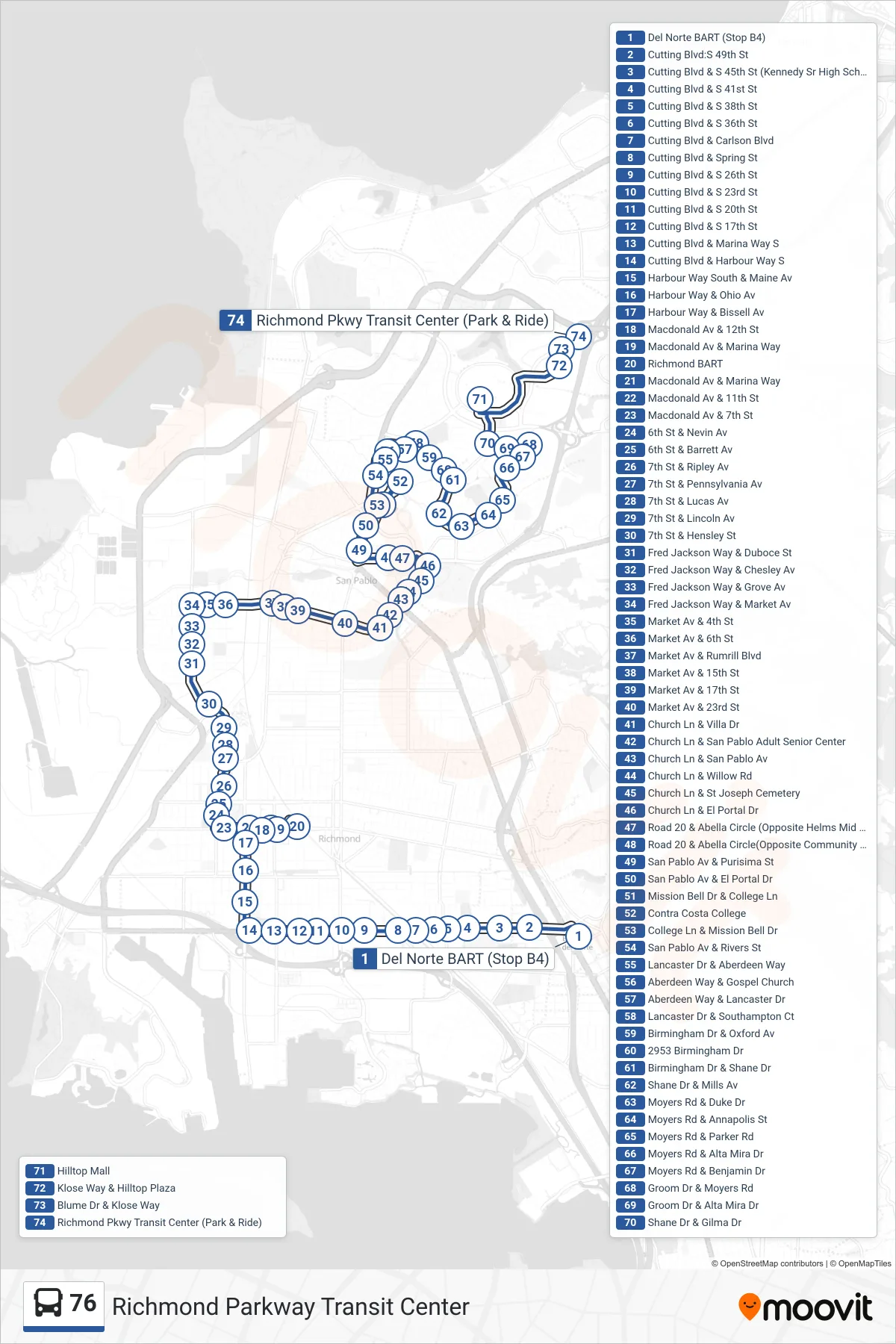 76 bus Line (Richmond Parkway Transit Center) route and stops on a map