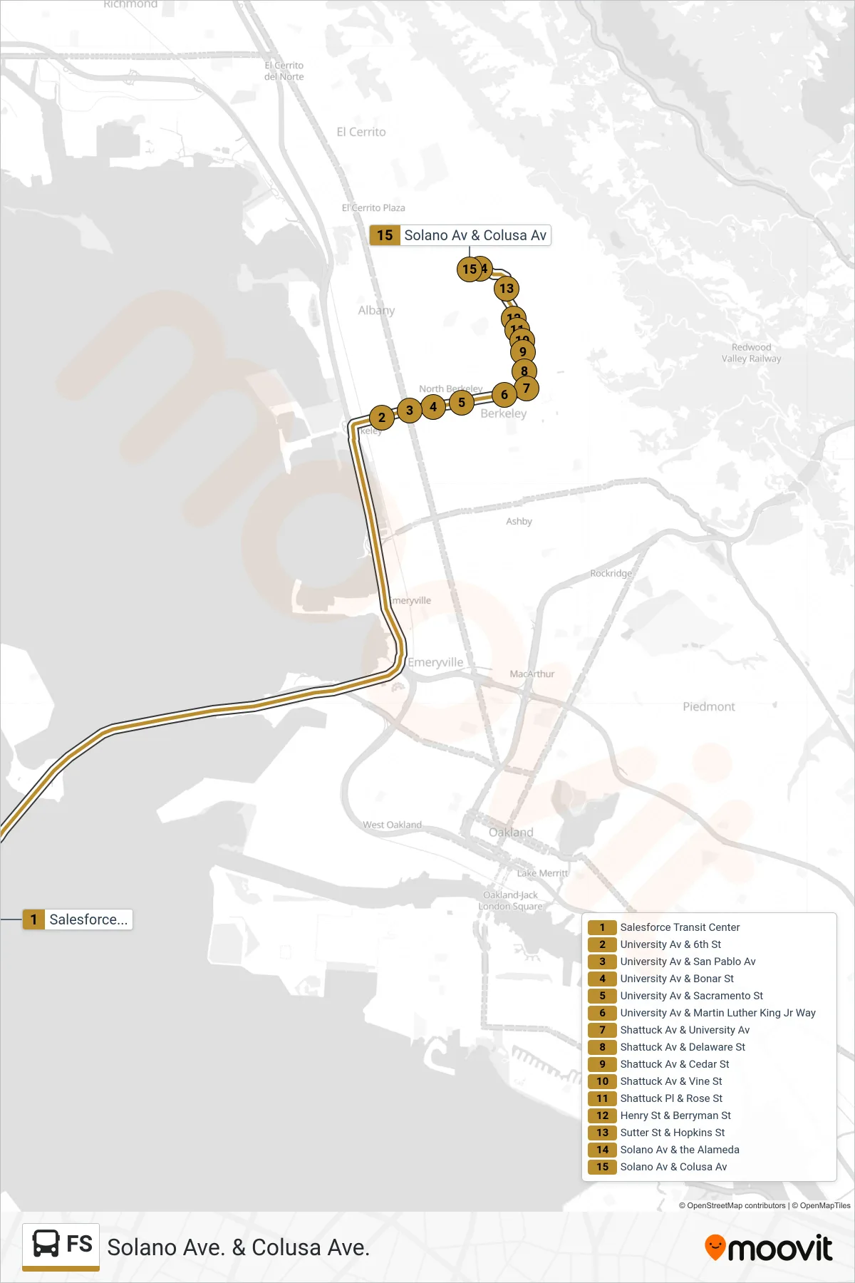 FS bus Line (Solano Ave. & Colusa Ave.) route and stops on a map