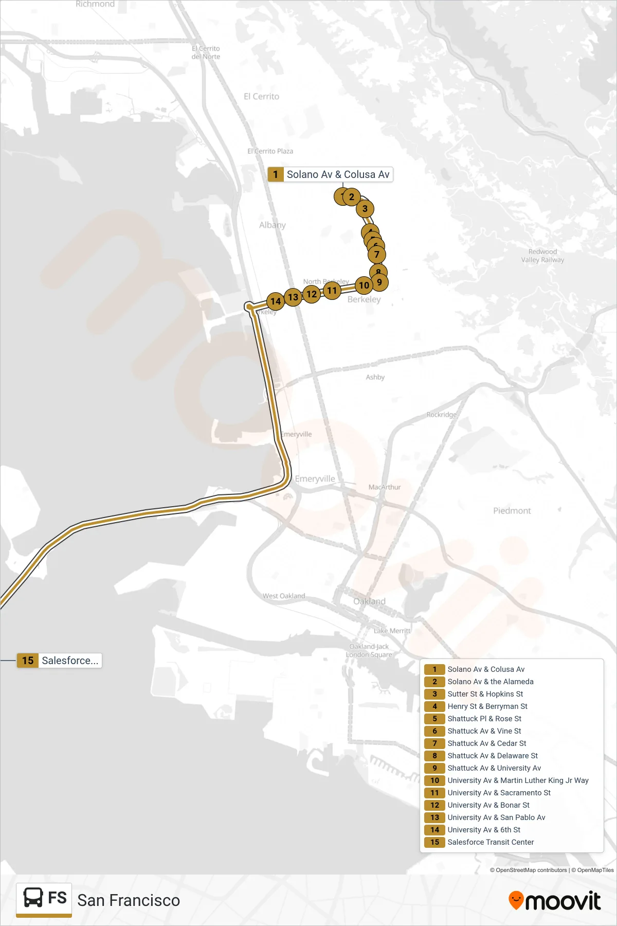 FS bus Line (San Francisco) route and stops on a map