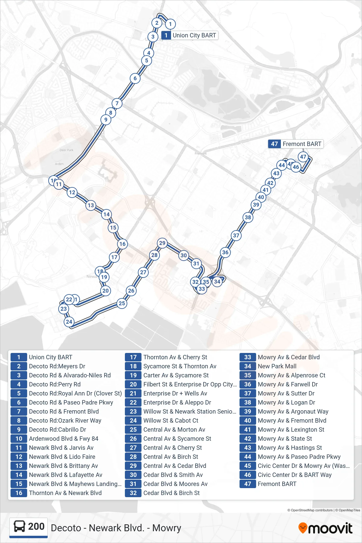 200 bus Line (Fremont BART) route and stops on a map