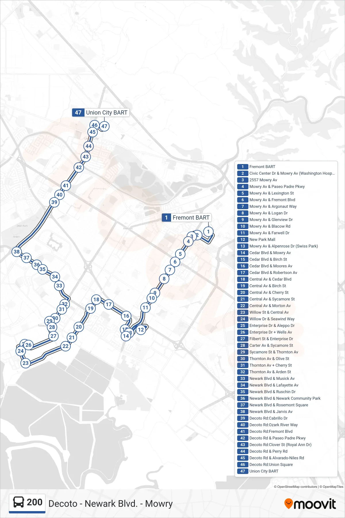 200 bus Line (Union City BART) route and stops on a map