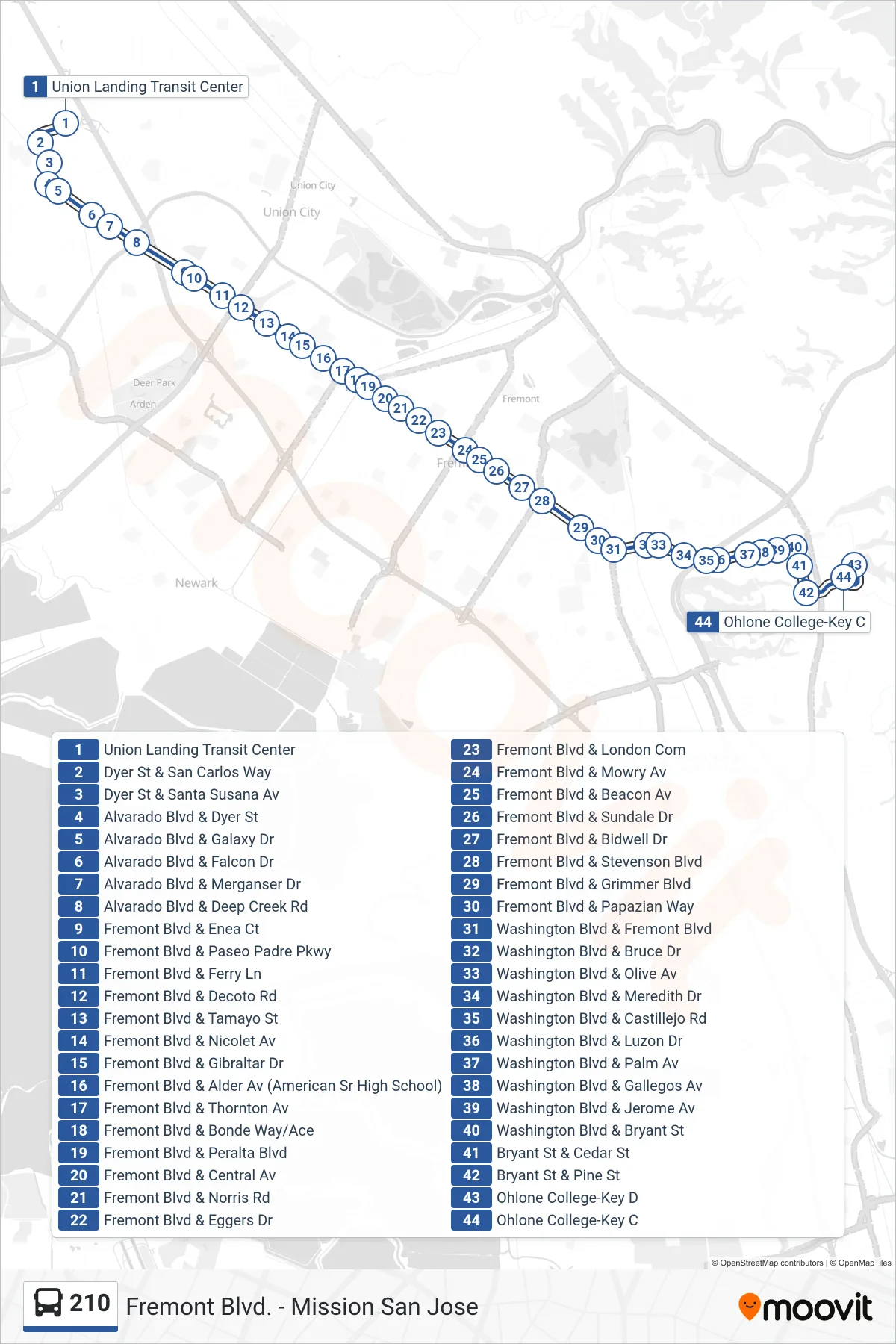 210 bus Line (Ohlone College) route and stops on a map