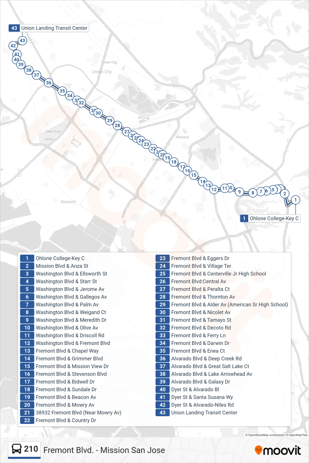 210 bus Line (Union Landing Transit Center) route and stops on a map