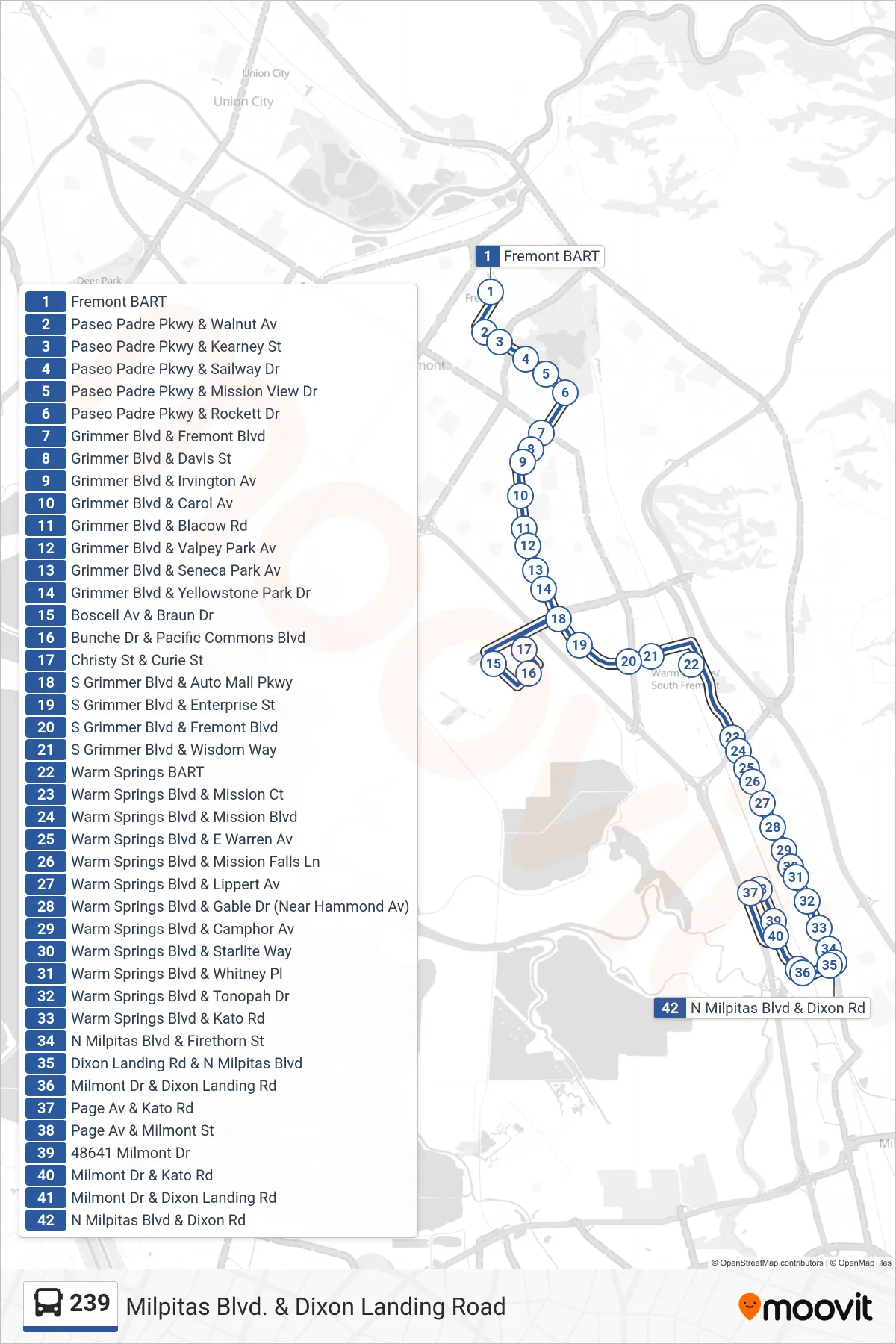239 bus Line (Milpitas Blvd. & Dixon Landing Road) route and stops on a map