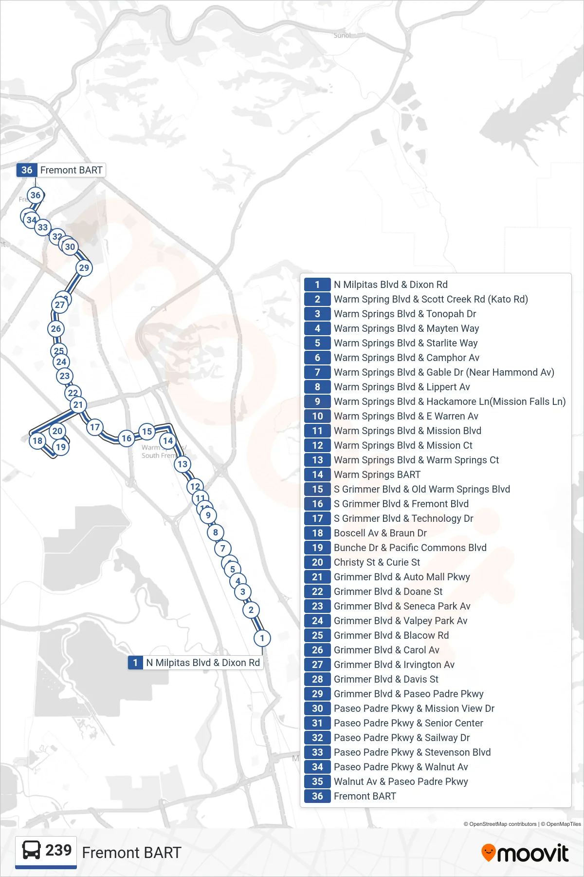 239 bus Line (Fremont BART) route and stops on a map