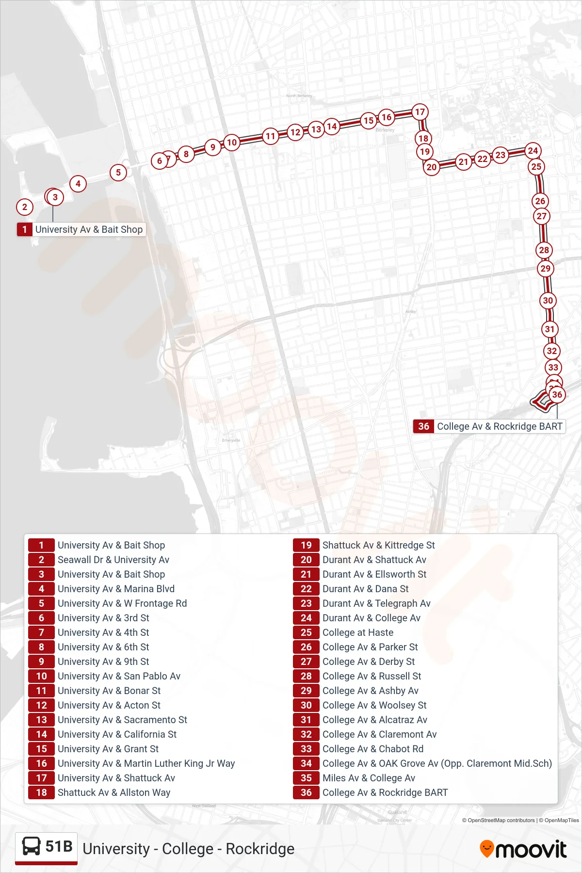 51B bus Line (Rockridge BART) route and stops on a map