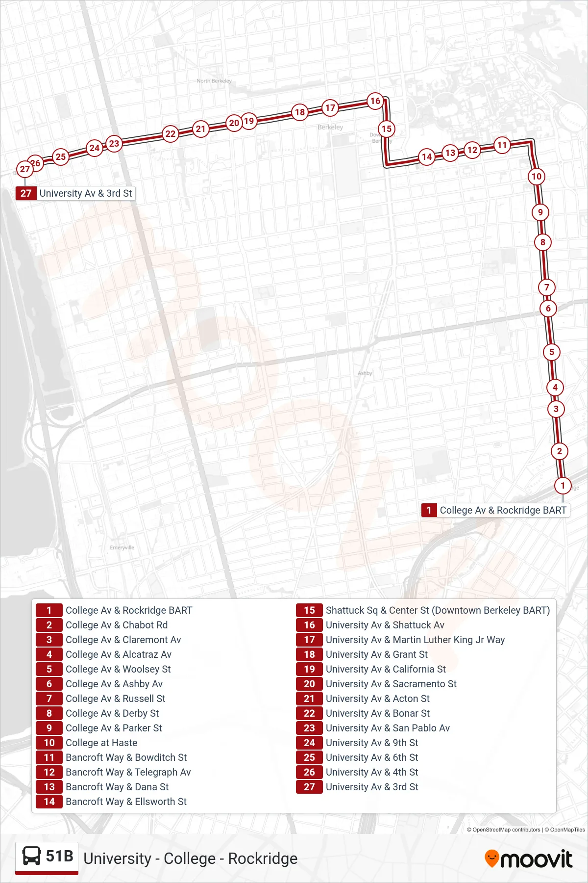 51B bus Line (Berkeley Amtrak) route and stops on a map