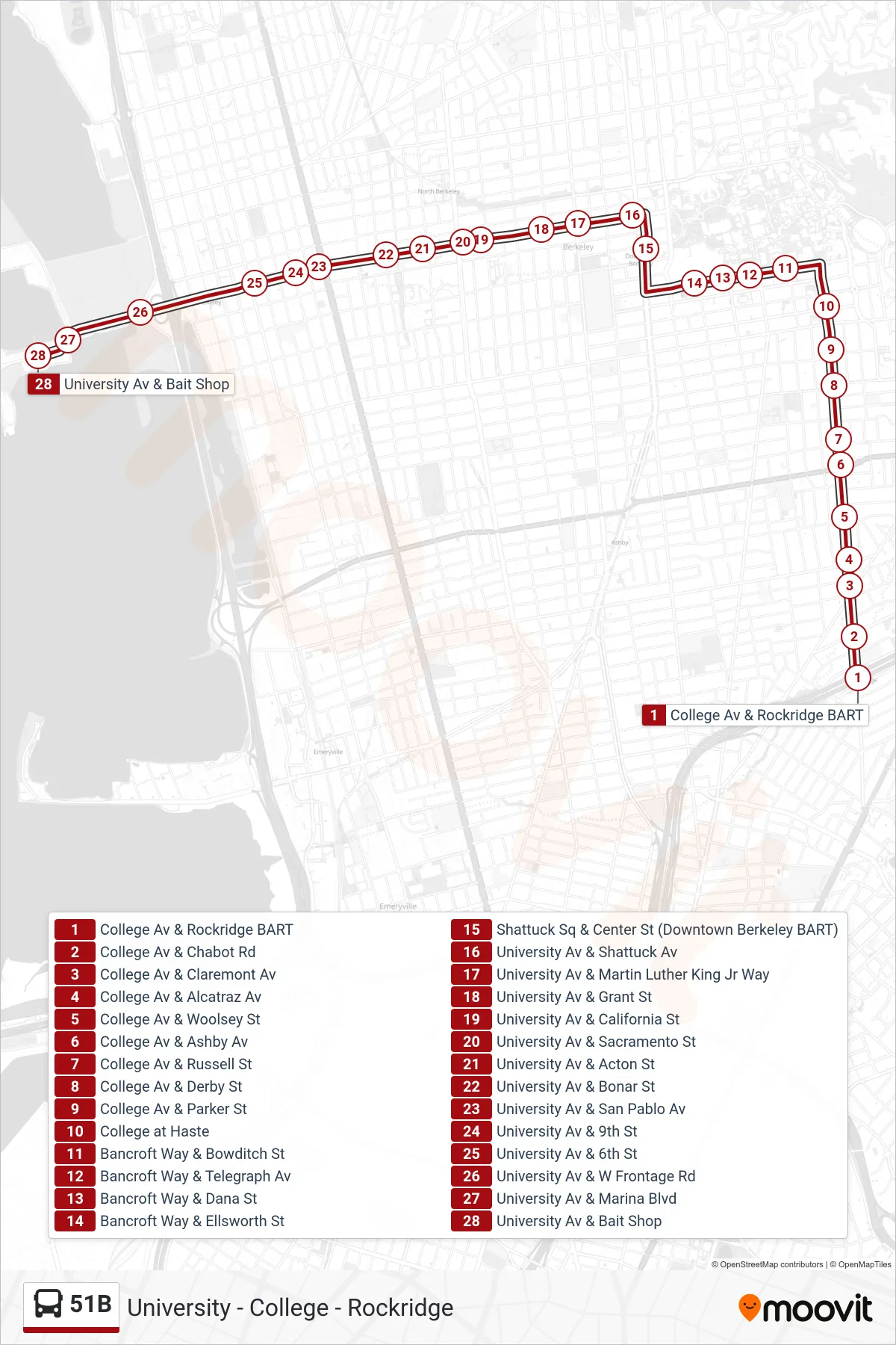 51B bus Line (Berkeley Marina) route and stops on a map