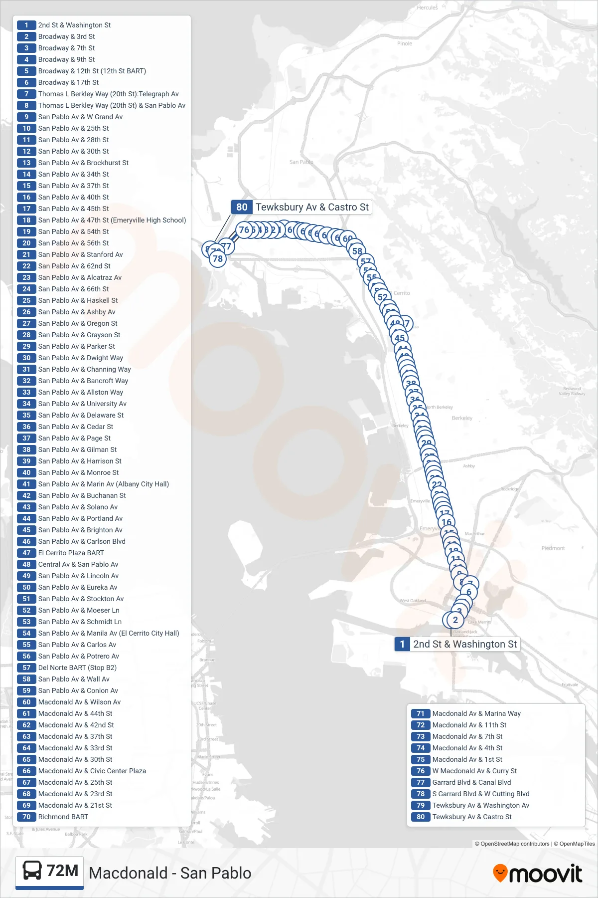 72M bus Line (Point Richmond) route and stops on a map
