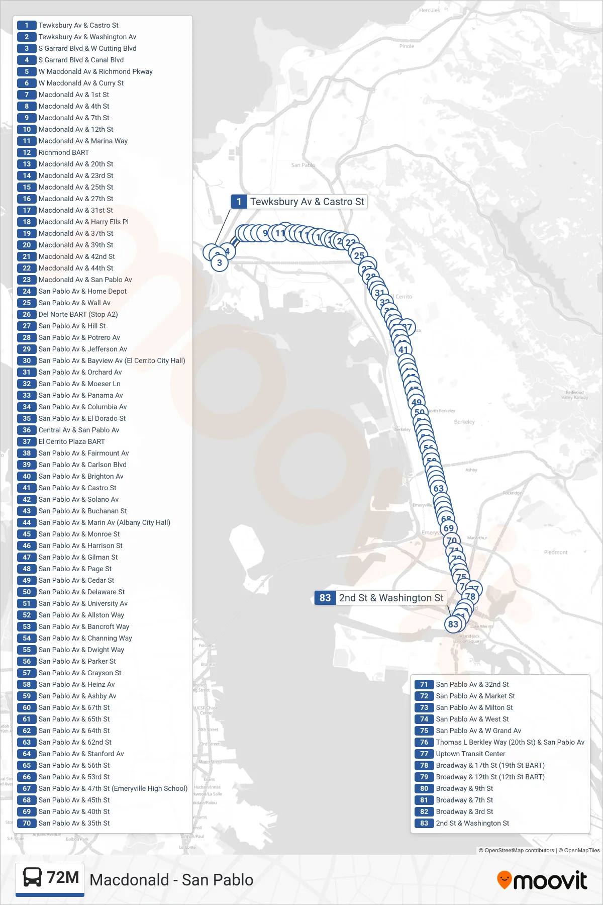 72M bus Line (Jack London Square) route and stops on a map
