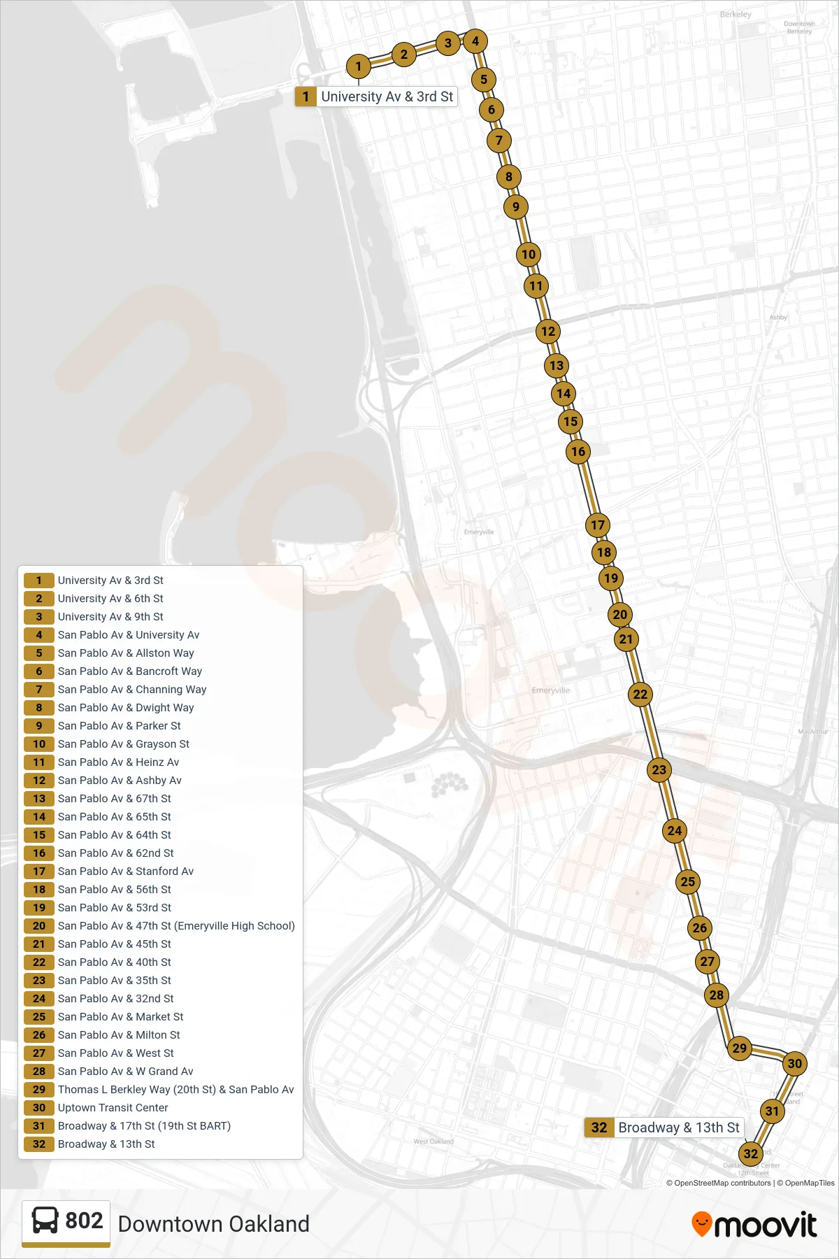 802 bus Line (Downtown Oakland) route and stops on a map