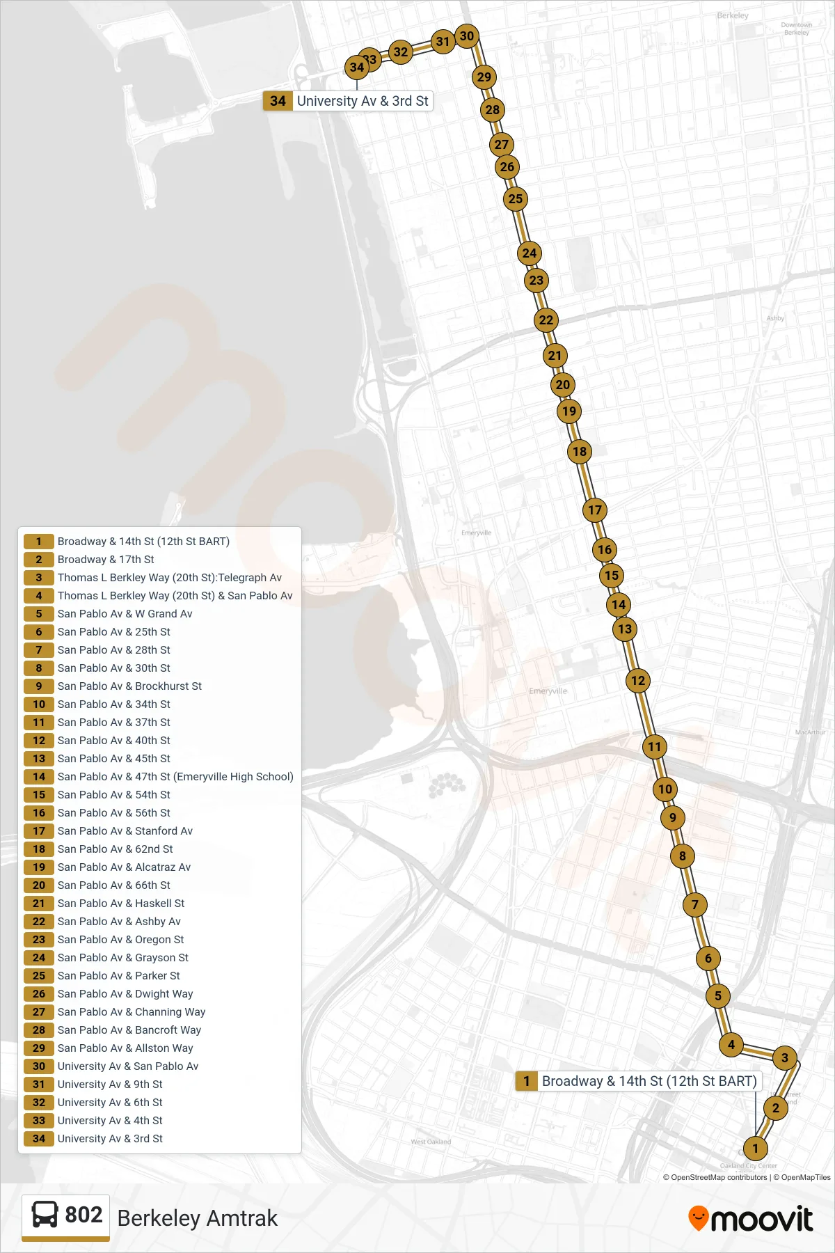 802 bus Line (Berkeley Amtrak) route and stops on a map