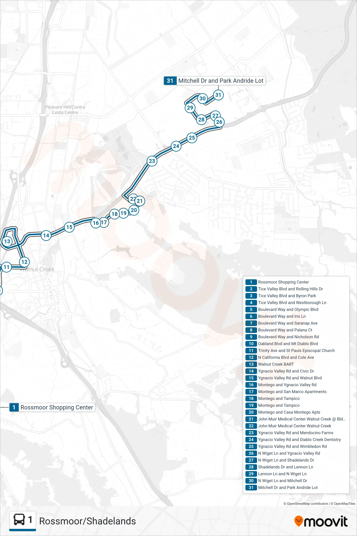 1 bus Line (Shadelands via Walnut Creek BART) route and stops on a map