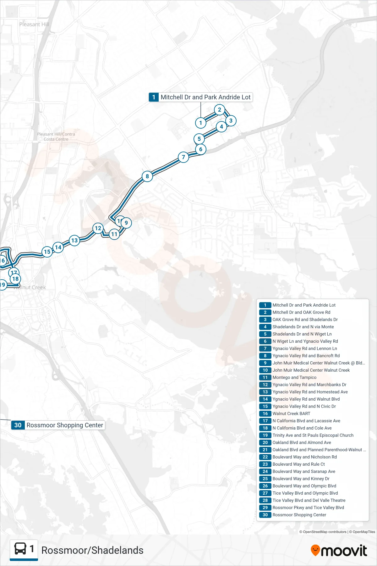 1 bus Line (Rossmoor via Walnut Creek BART) route and stops on a map