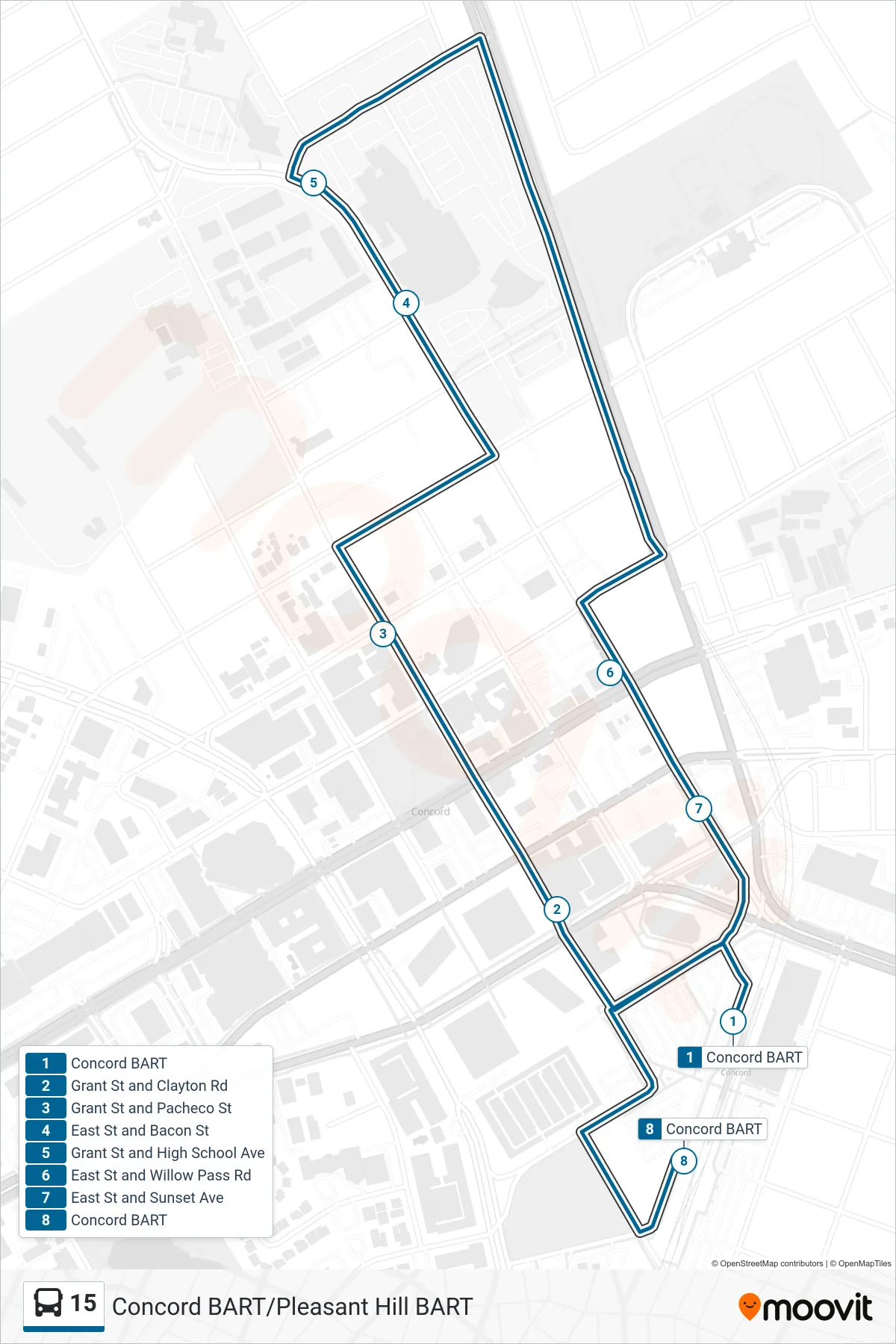 15 bus Line (Concord BART via John Muir Medical Ctr) route and stops on a map