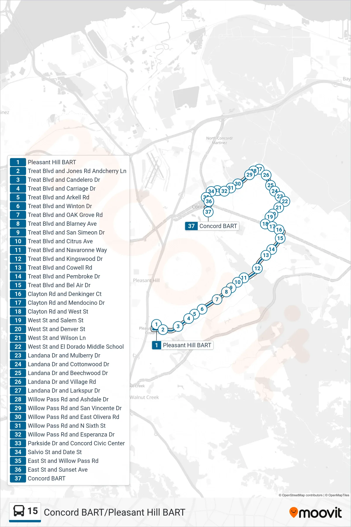 15 bus Line (Concord BART) route and stops on a map