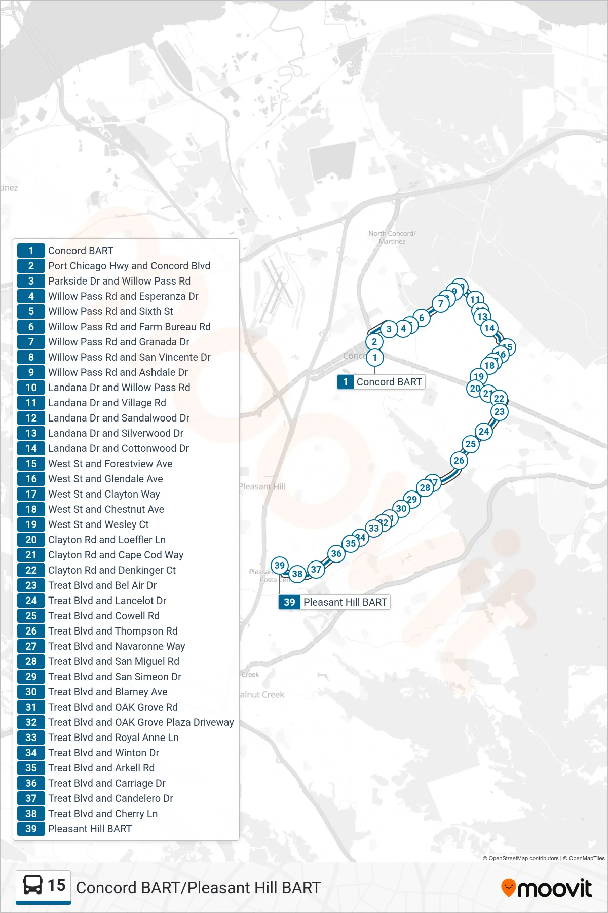 15 bus Line (Pleasant Hill BART) route and stops on a map